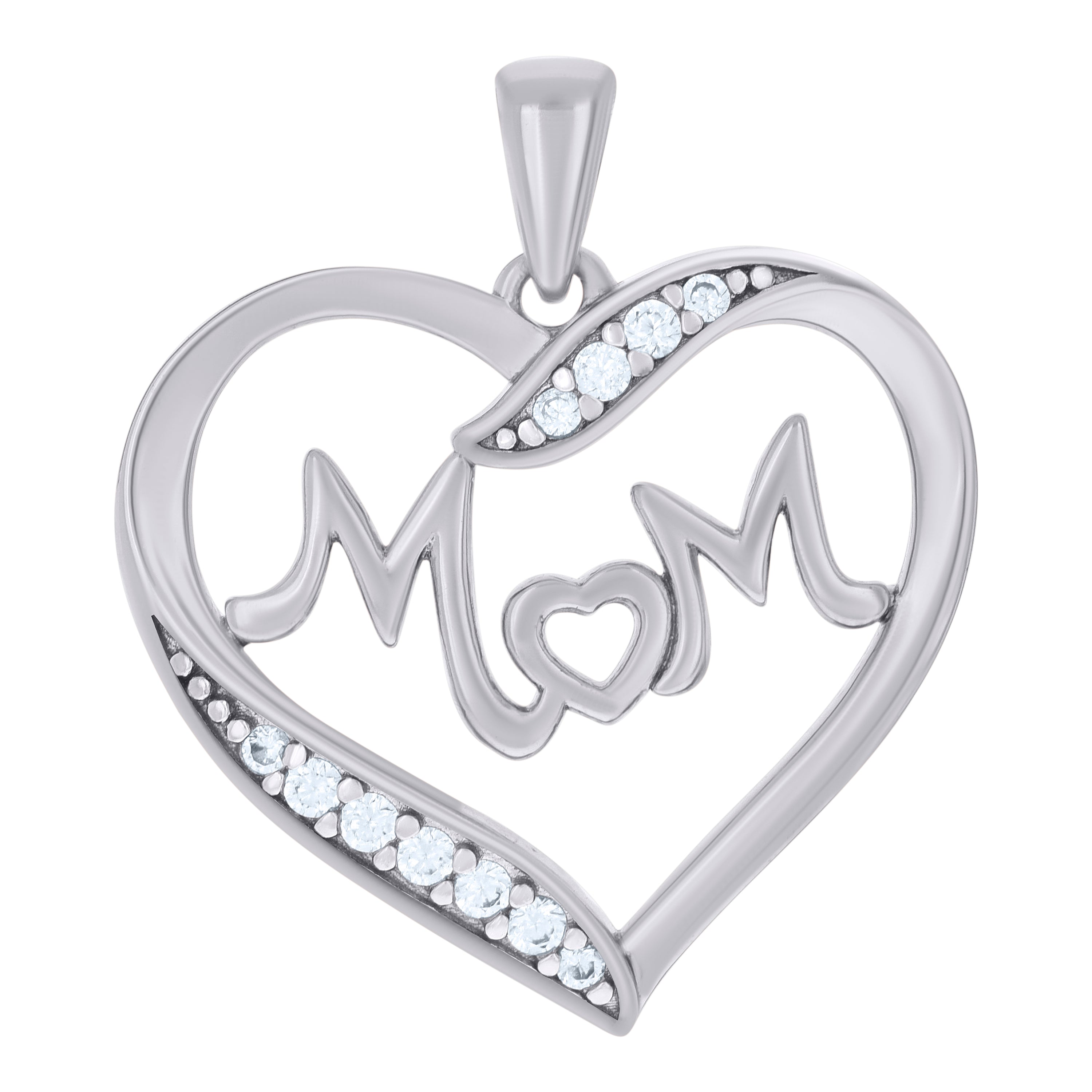 925 Sterling Silver Womens Cubic-Zirconia Heart Mom Charm Pendant