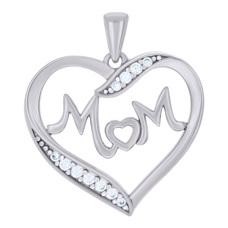 925 Sterling Silver Womens Cubic-Zirconia Heart Mom Charm Pendant