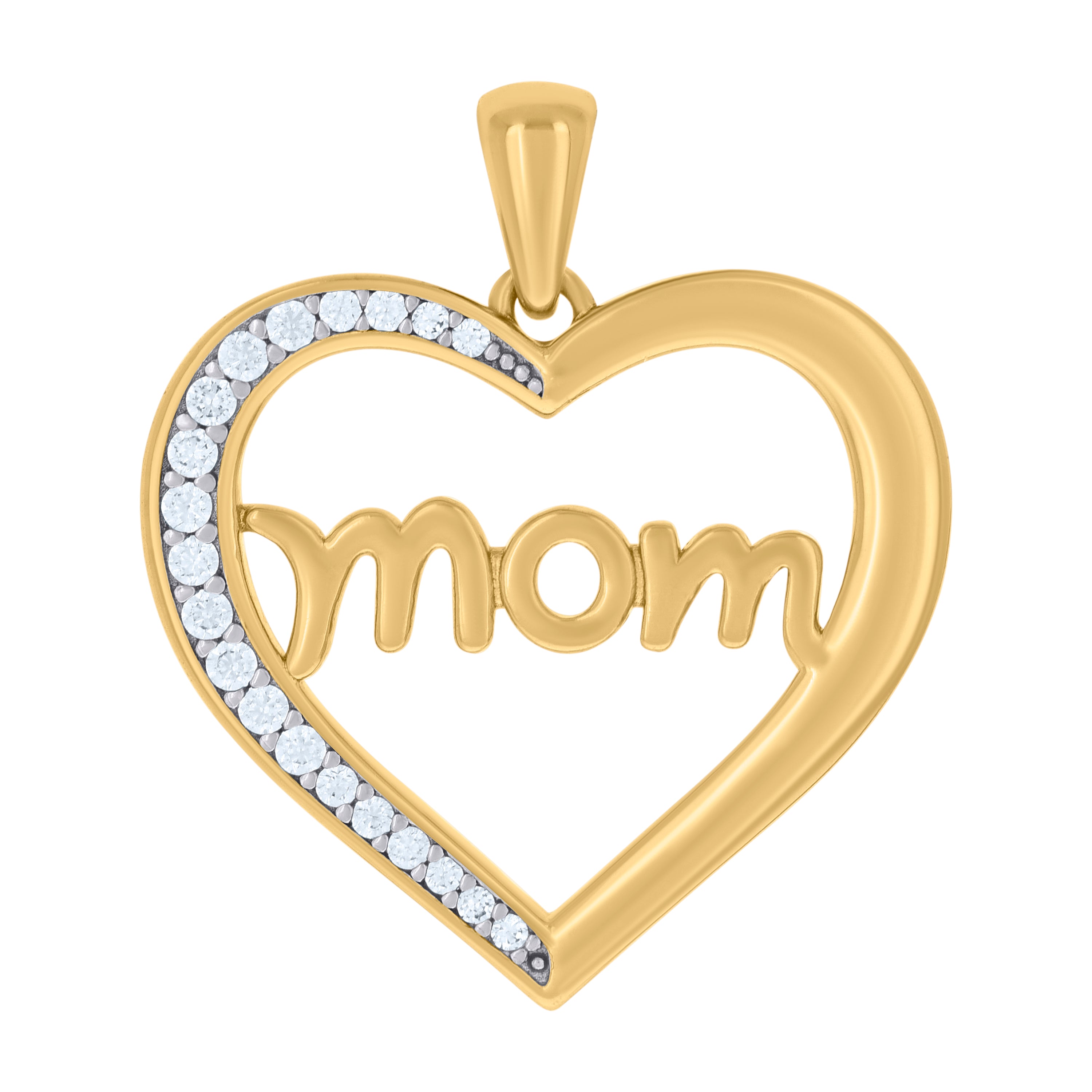 925 Sterling Silver Yellow-tone Womens Cubic-Zirconia Heart Mom Charm Pendant