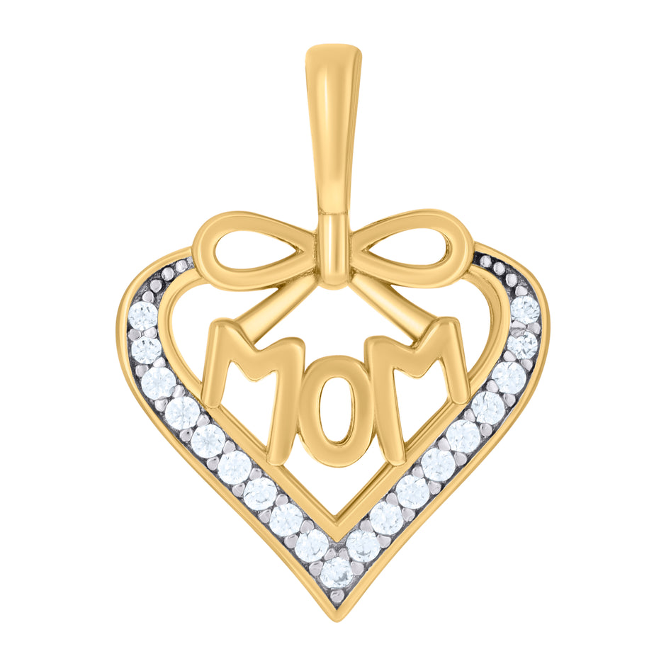 925 Sterling Silver Yellow-tone Womens Cubic-Zirconia Heart Mom Charm Pendant