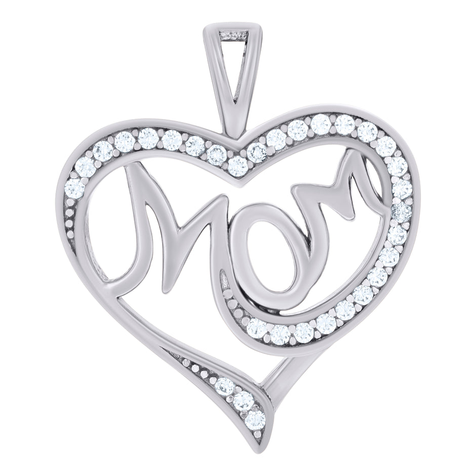 925 Sterling Silver Womens Cubic-Zirconia Heart Mom Charm Pendant