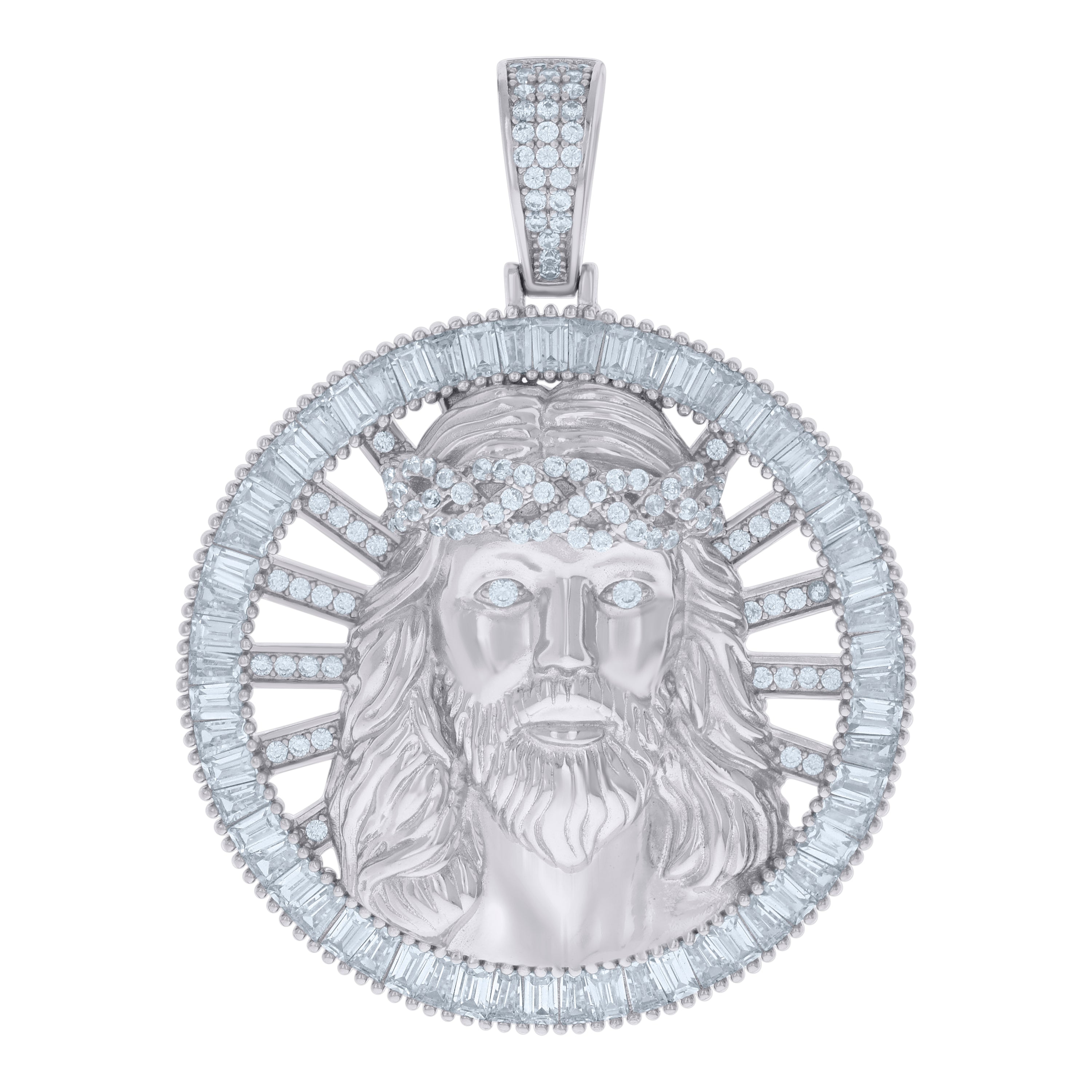 925 Sterling Silver Mens Baguette Round Cubic-Zirconia Medallion Jesus Religious Charm Pendant