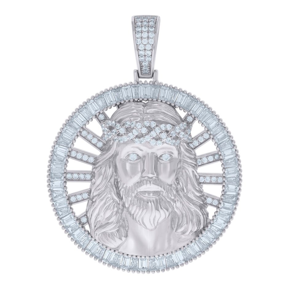 925 Sterling Silver Mens Baguette Round Cubic-Zirconia Medallion Jesus Religious Charm Pendant
