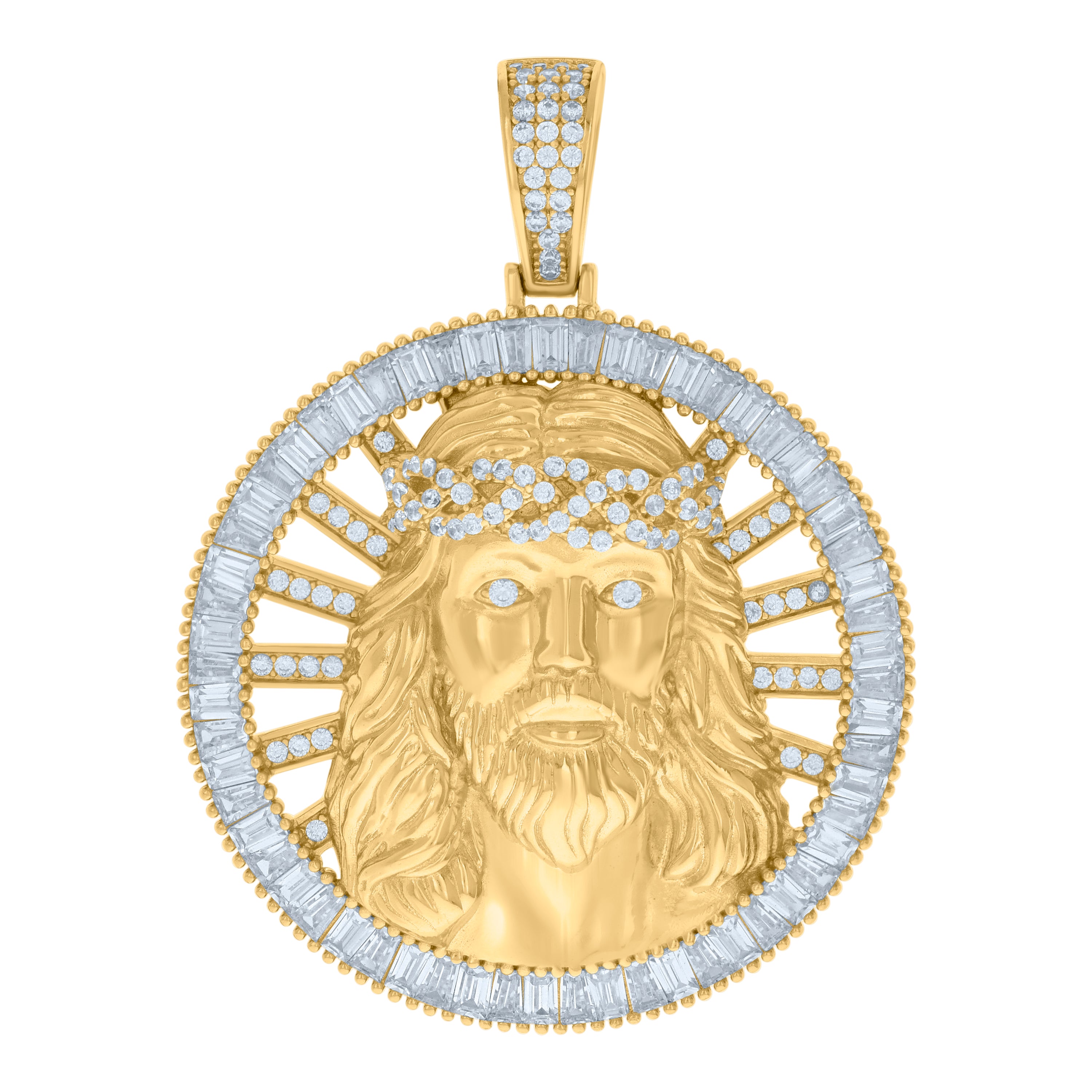 925 Sterling Silver Yellow-tone Mens Baguette Round Cubic-Zirconia Medallion Jesus Religious Pendant