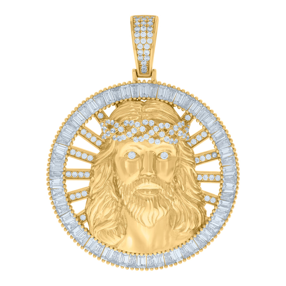 925 Sterling Silver Yellow-tone Mens Baguette Round Cubic-Zirconia Medallion Jesus Religious Pendant