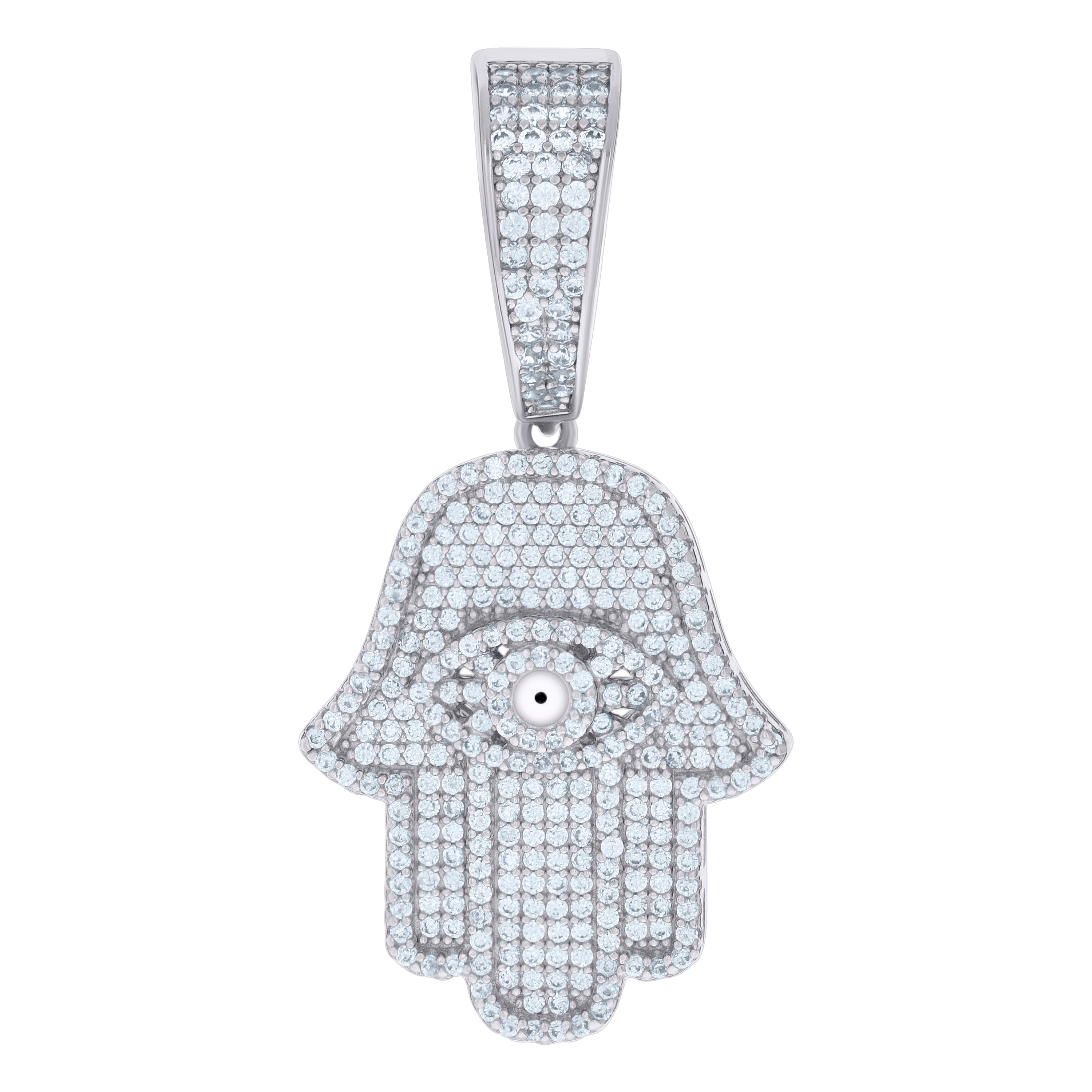 925 Sterling Silver Mens Cubic-Zirconia Evil Eye Hamsa Symbol Religious Charm Pendant