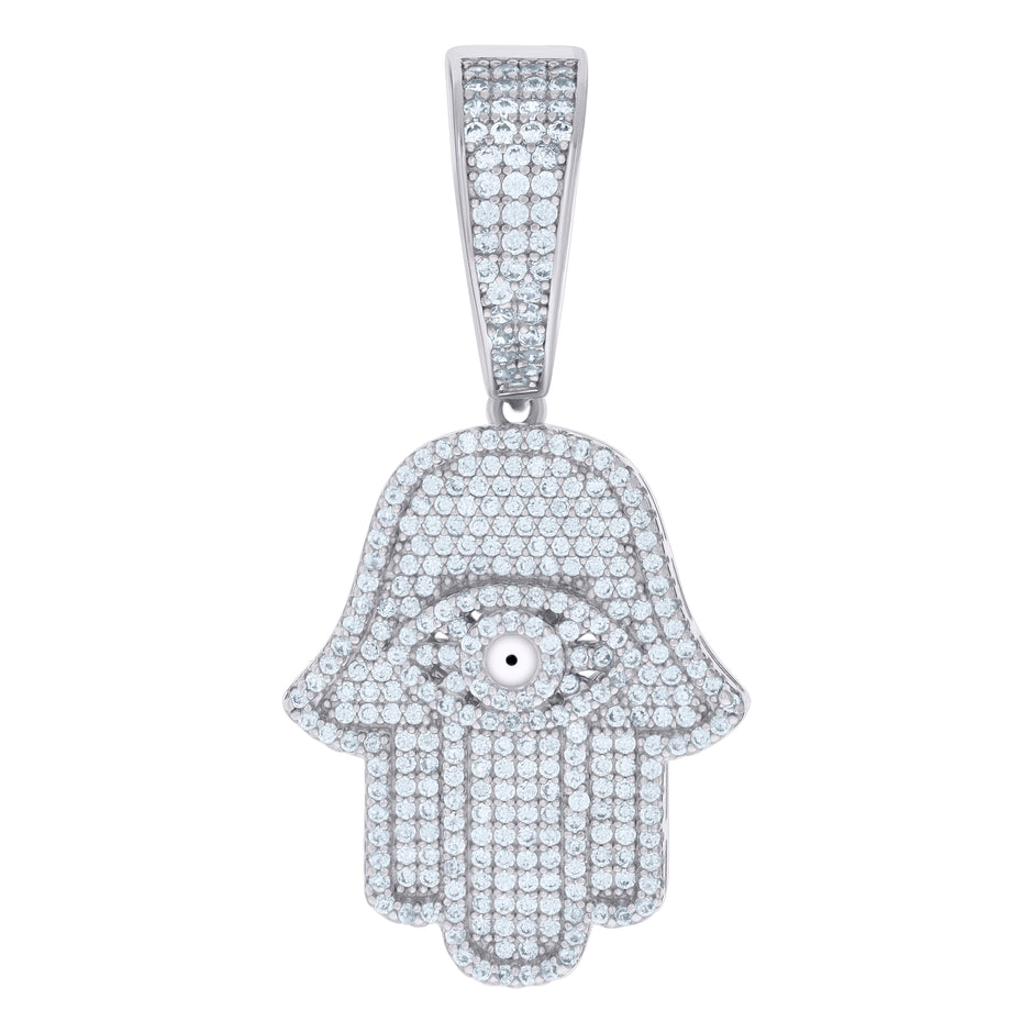 925 Sterling Silver Mens Cubic-Zirconia Evil Eye Hamsa Symbol Religious Charm Pendant