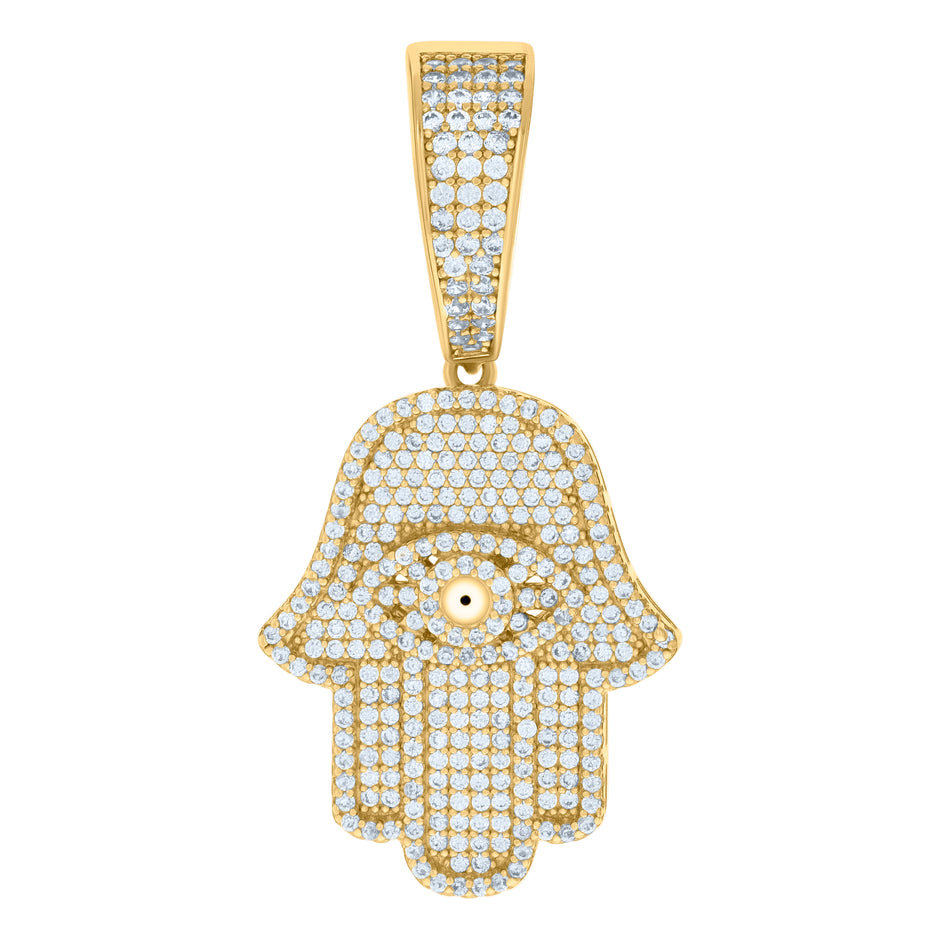 925 Sterling Silver Yellow-tone Mens Cubic-Zirconia Evil Eye Hamsa Symbol Religious Charm Pendant