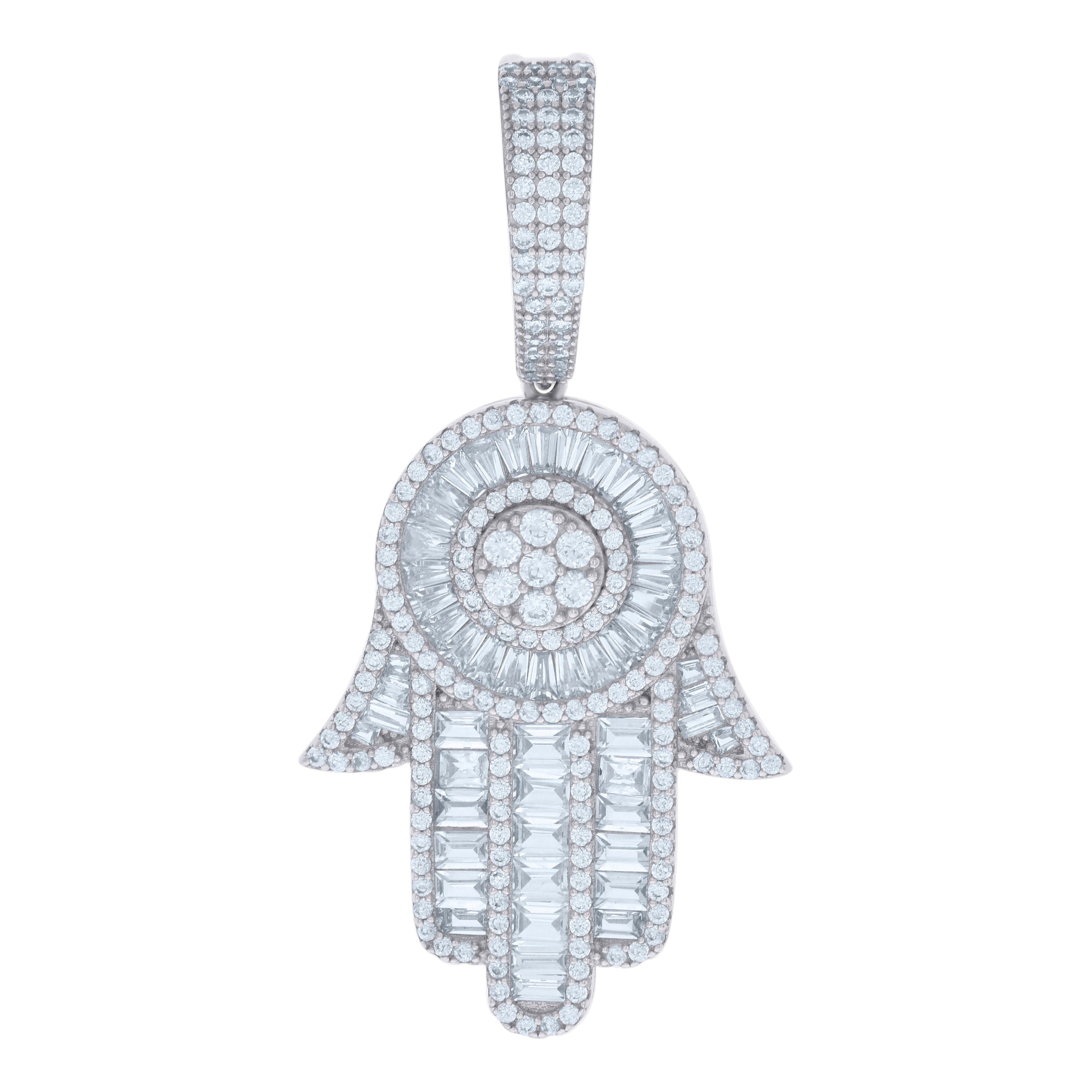 925 Sterling Silver Mens Baguette Round Cubic-Zirconia Hamsa Symbol Religious Charm Pendant