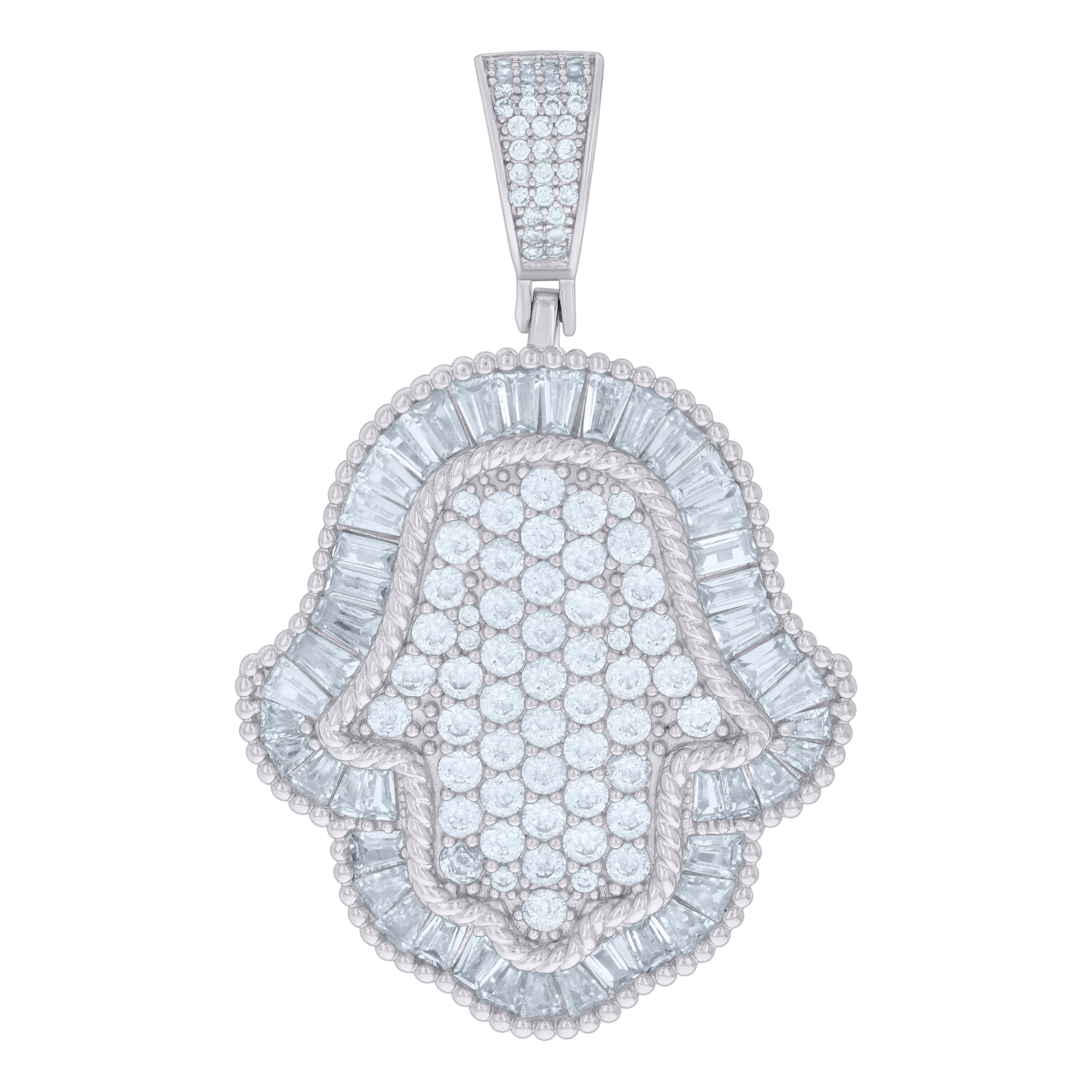 925 Sterling Silver Mens Baguette Round Cubic-Zirconia Hamsa Symbol Religious Charm Pendant