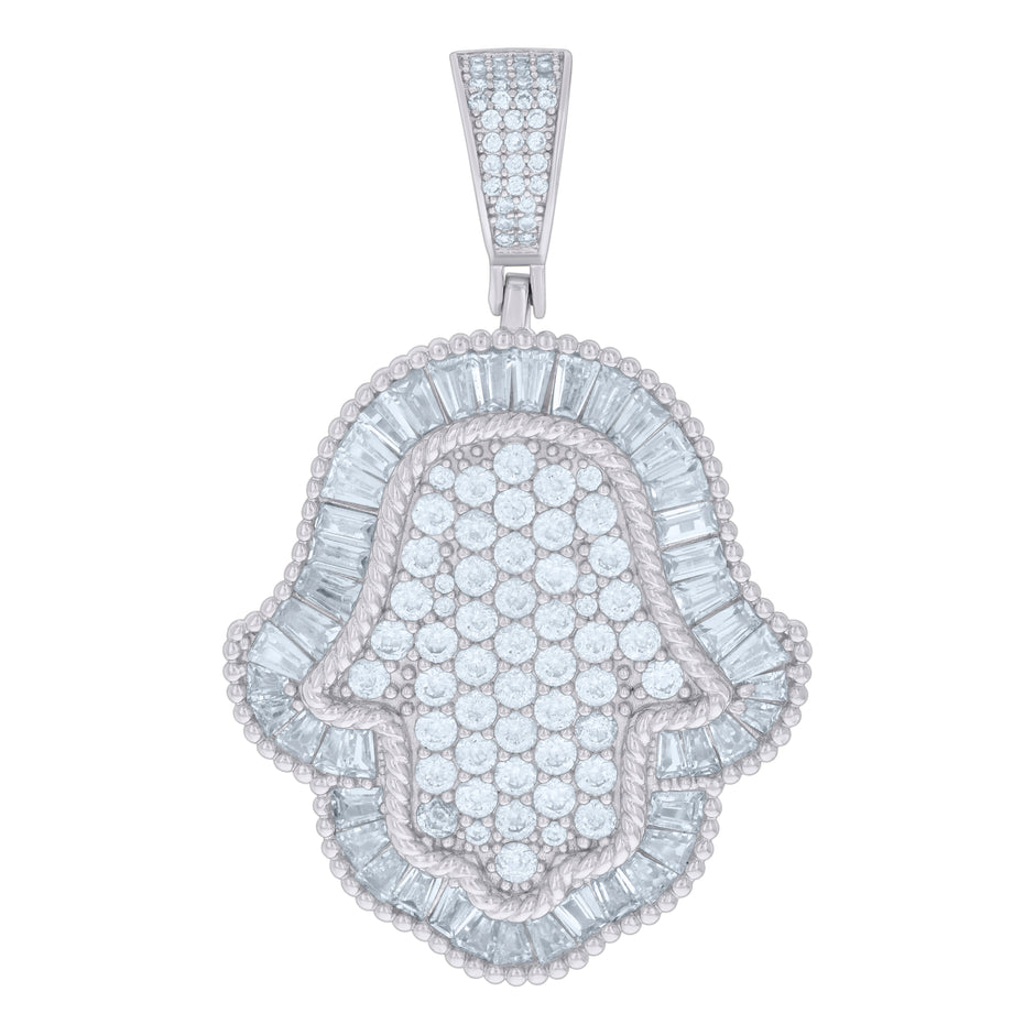 925 Sterling Silver Mens Baguette Round Cubic-Zirconia Hamsa Symbol Religious Charm Pendant