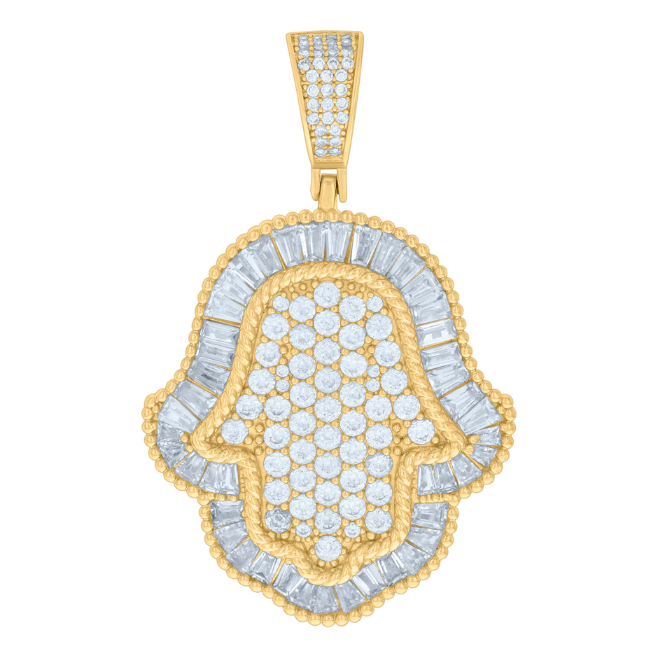925 Sterling Silver Yellow-tone Mens Baguette Round Cubic-Zirconia Hamsa Symbol Charm Pendant