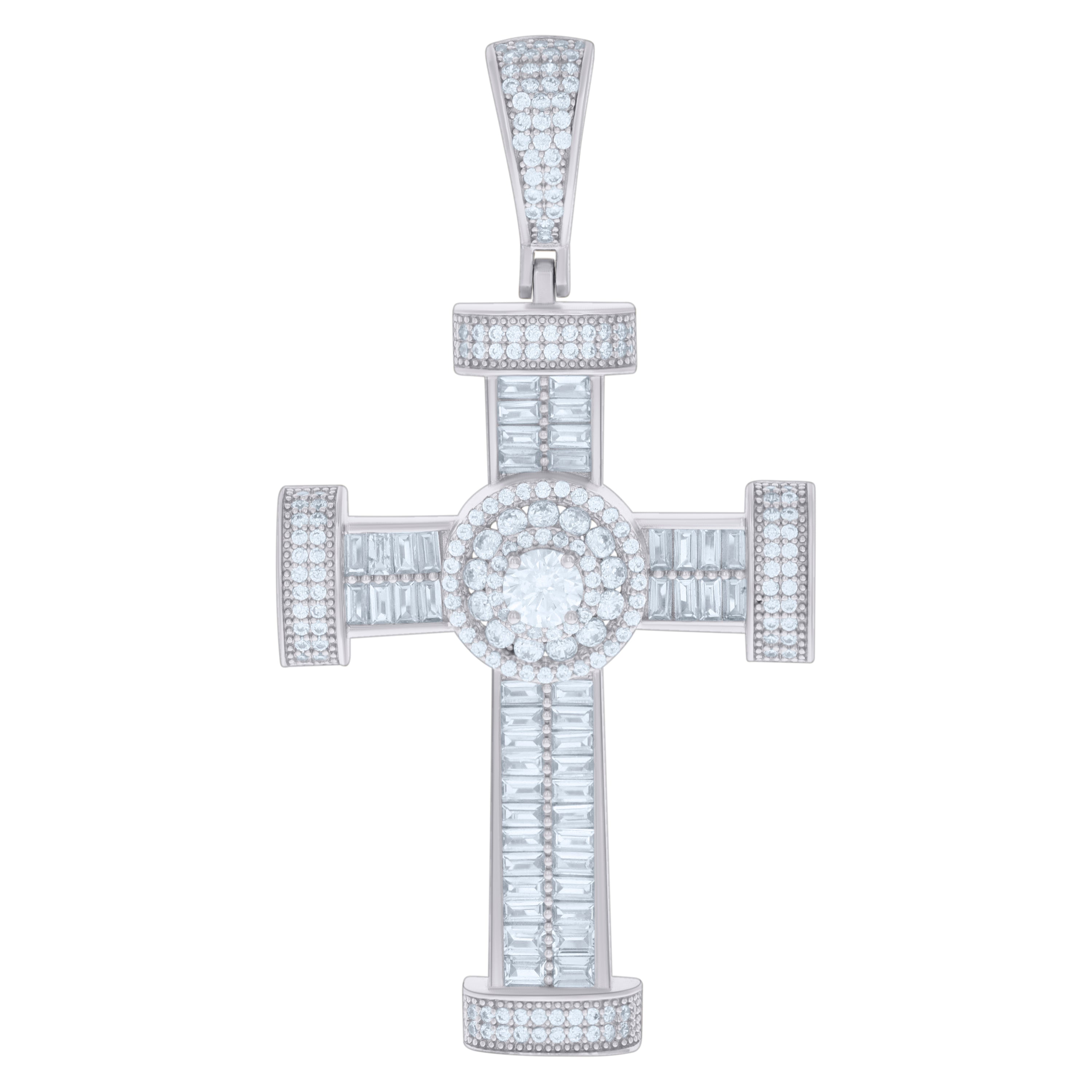 925 Sterling Silver Mens Baguette Round Cubic-Zirconia Cross Religious Charm Pendant