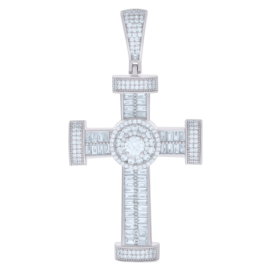 925 Sterling Silver Mens Baguette Round Cubic-Zirconia Cross Religious Charm Pendant
