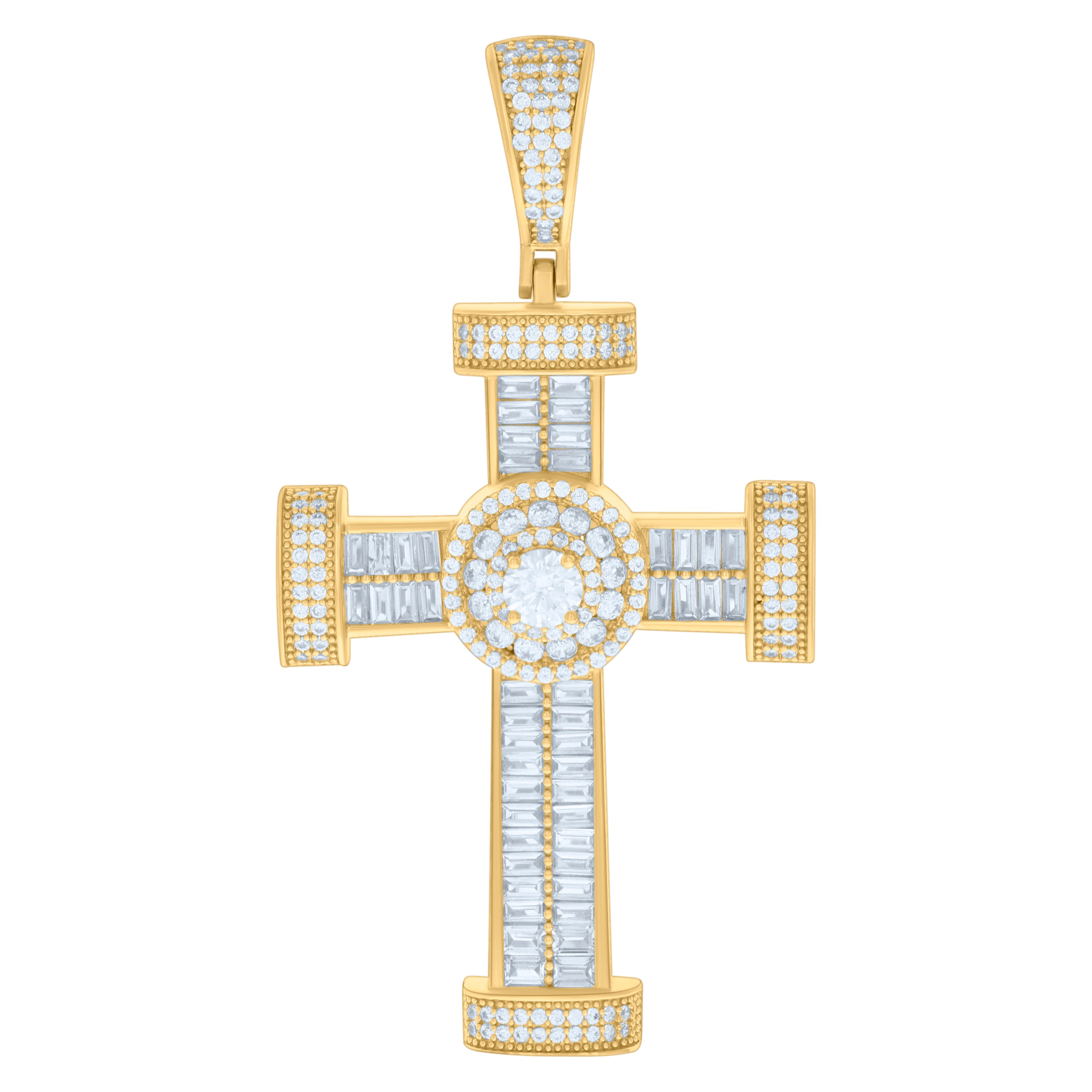 925 Sterling Silver Yellow-tone Mens Baguette Round Cubic-Zirconia Cross Religious Charm Pendant