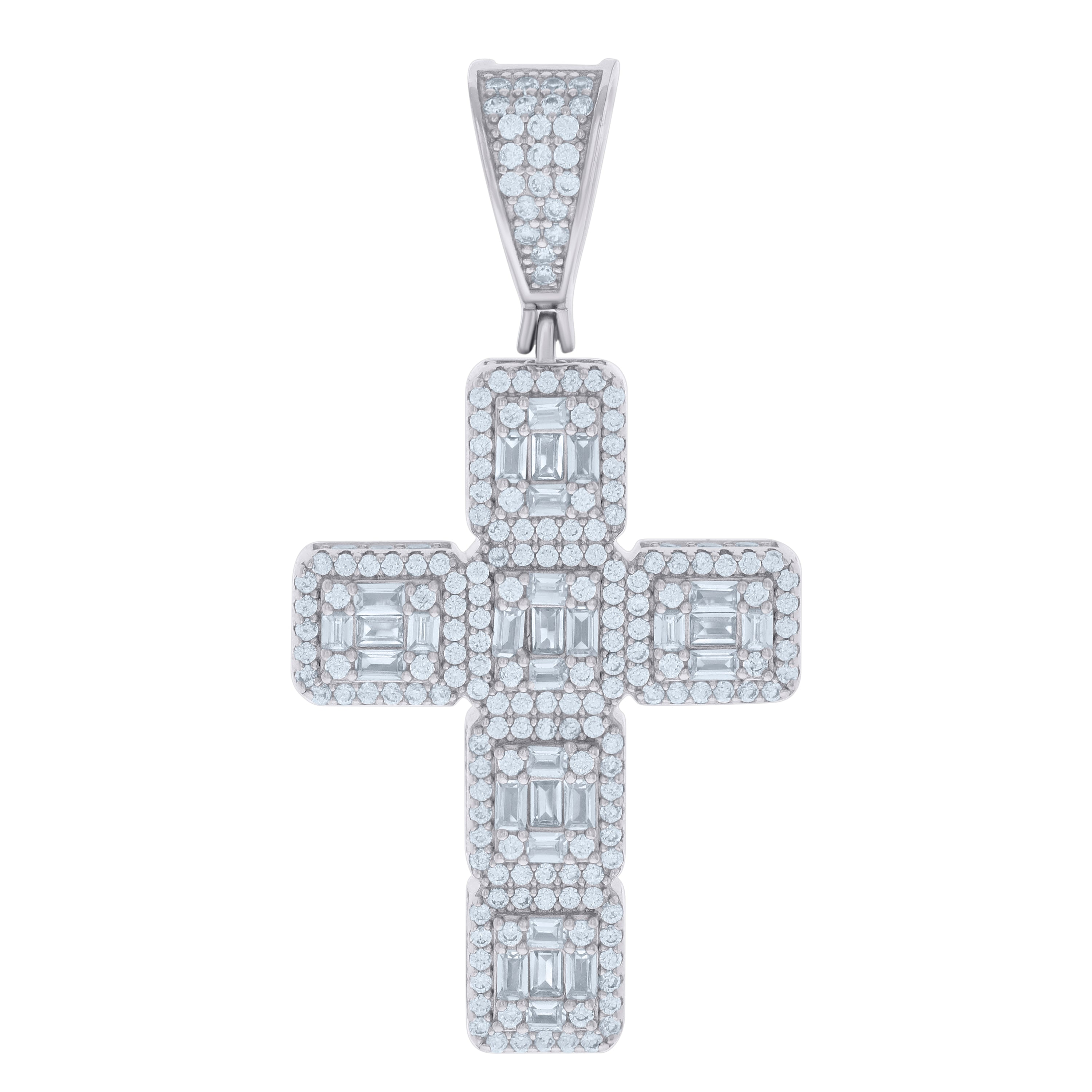 925 Sterling Silver Mens Baguette Round Cubic-Zirconia Cross Religious Charm Pendant