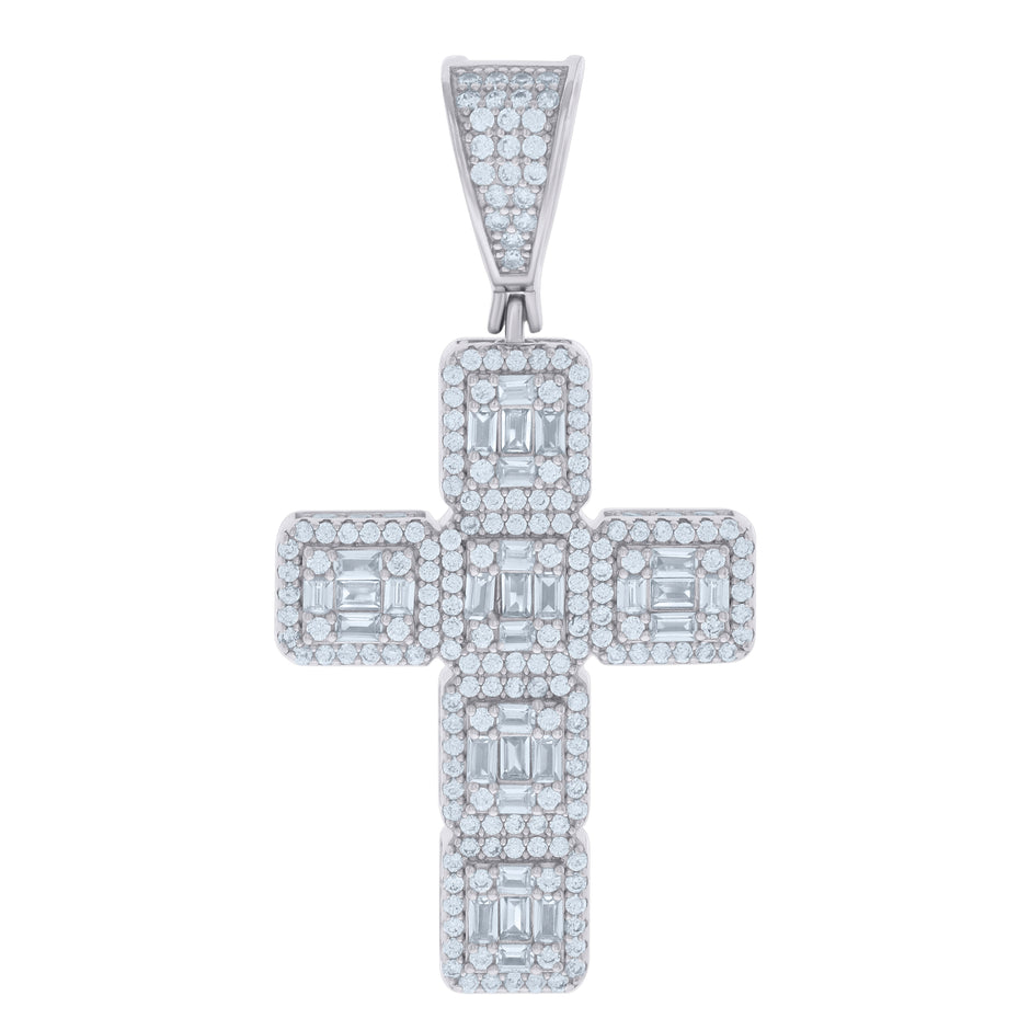 925 Sterling Silver Mens Baguette Round Cubic-Zirconia Cross Religious Charm Pendant