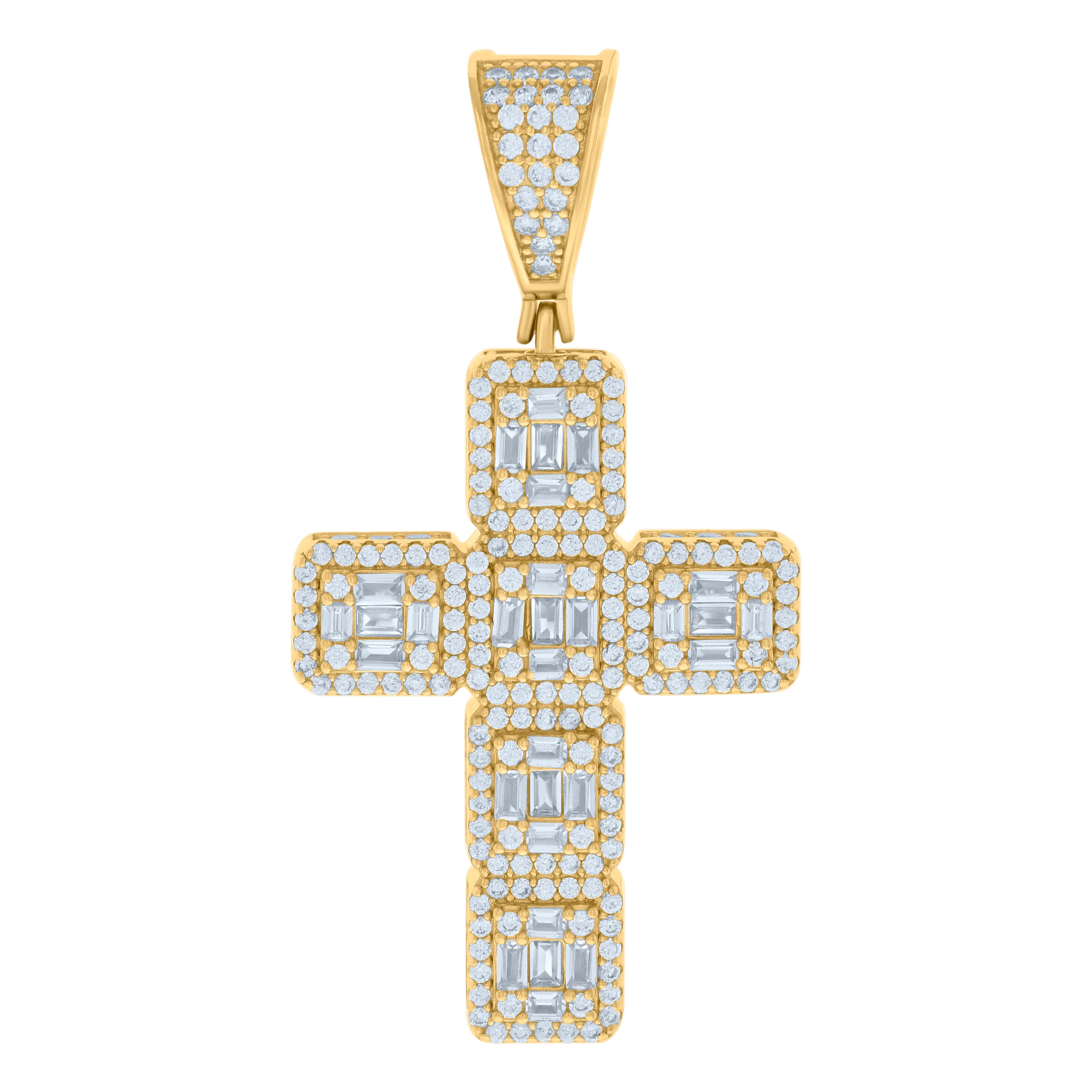 925 Sterling Silver Yellow-tone Mens Baguette Round Cubic-Zirconia Cross Religious Charm Pendant
