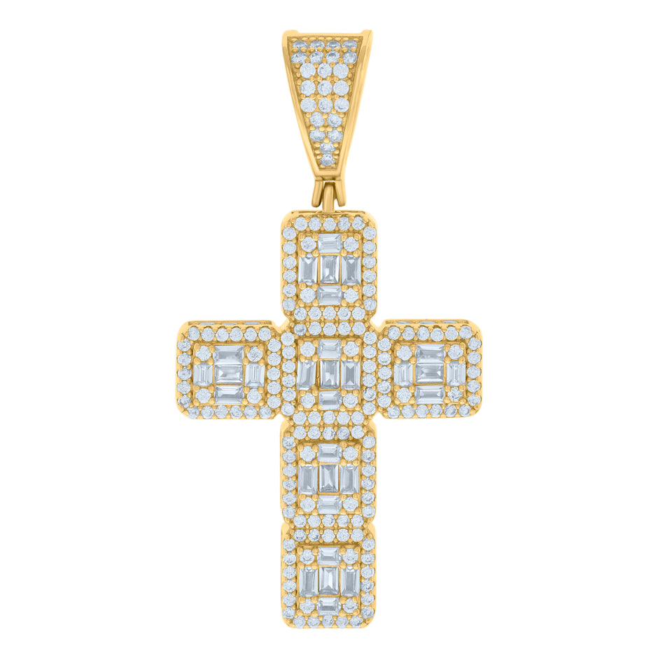 925 Sterling Silver Yellow-tone Mens Baguette Round Cubic-Zirconia Cross Religious Charm Pendant