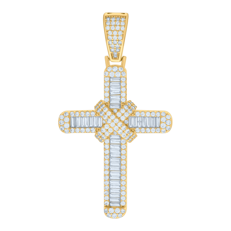925 Sterling Silver Yellow-tone Mens Baguette Round Cubic-Zirconia Cross Religious Charm Pendant