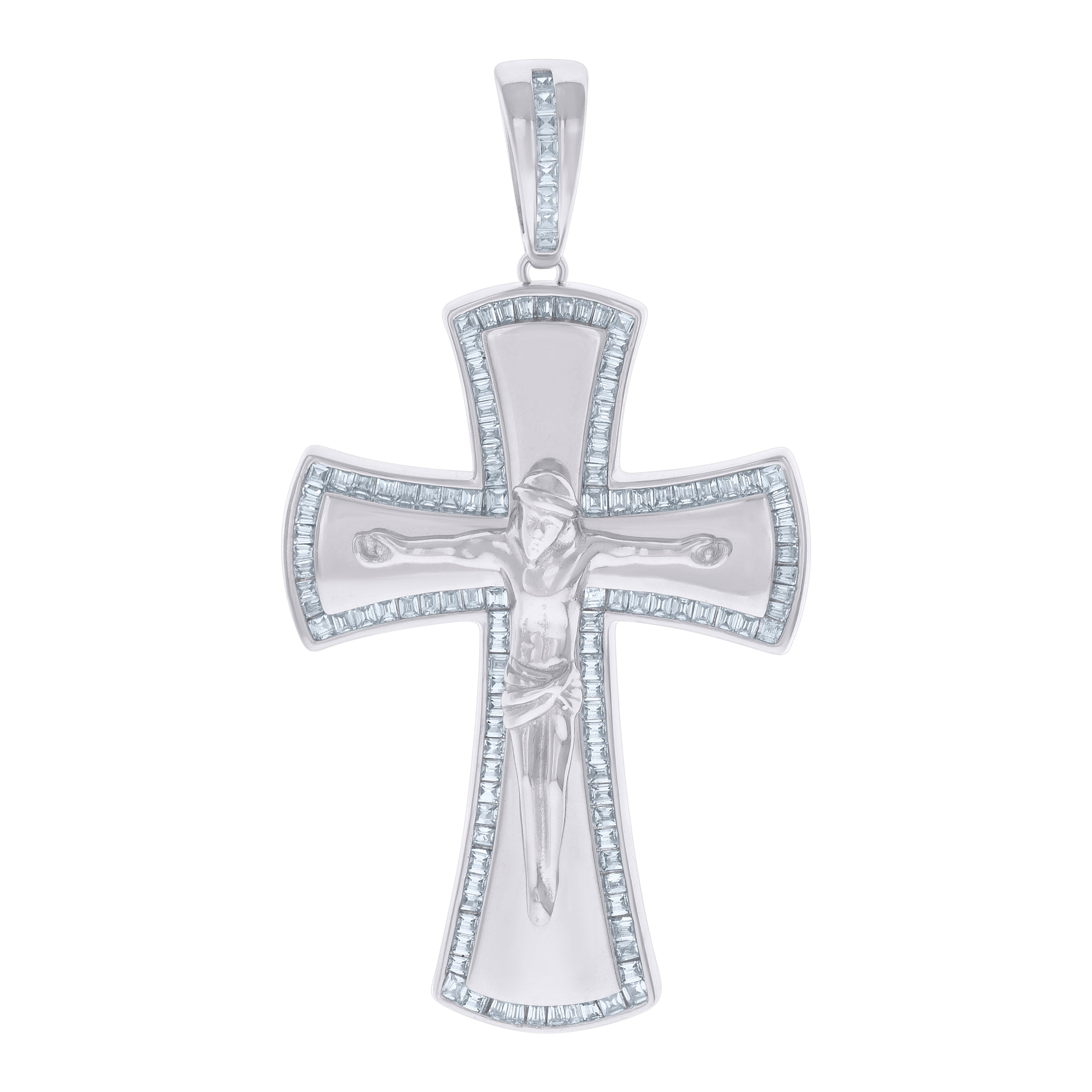 925 Sterling Silver Mens Baguette Cubic-Zirconia Crucifix Cross Religious Charm Pendant