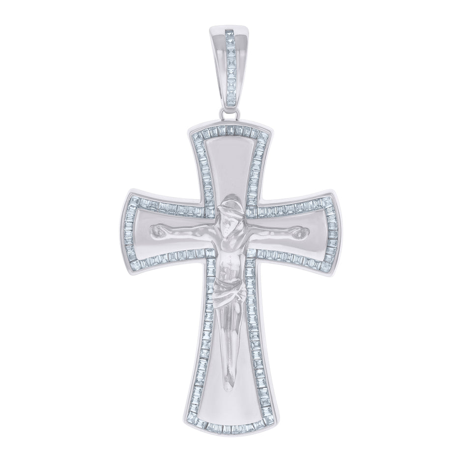 925 Sterling Silver Mens Baguette Cubic-Zirconia Crucifix Cross Religious Charm Pendant