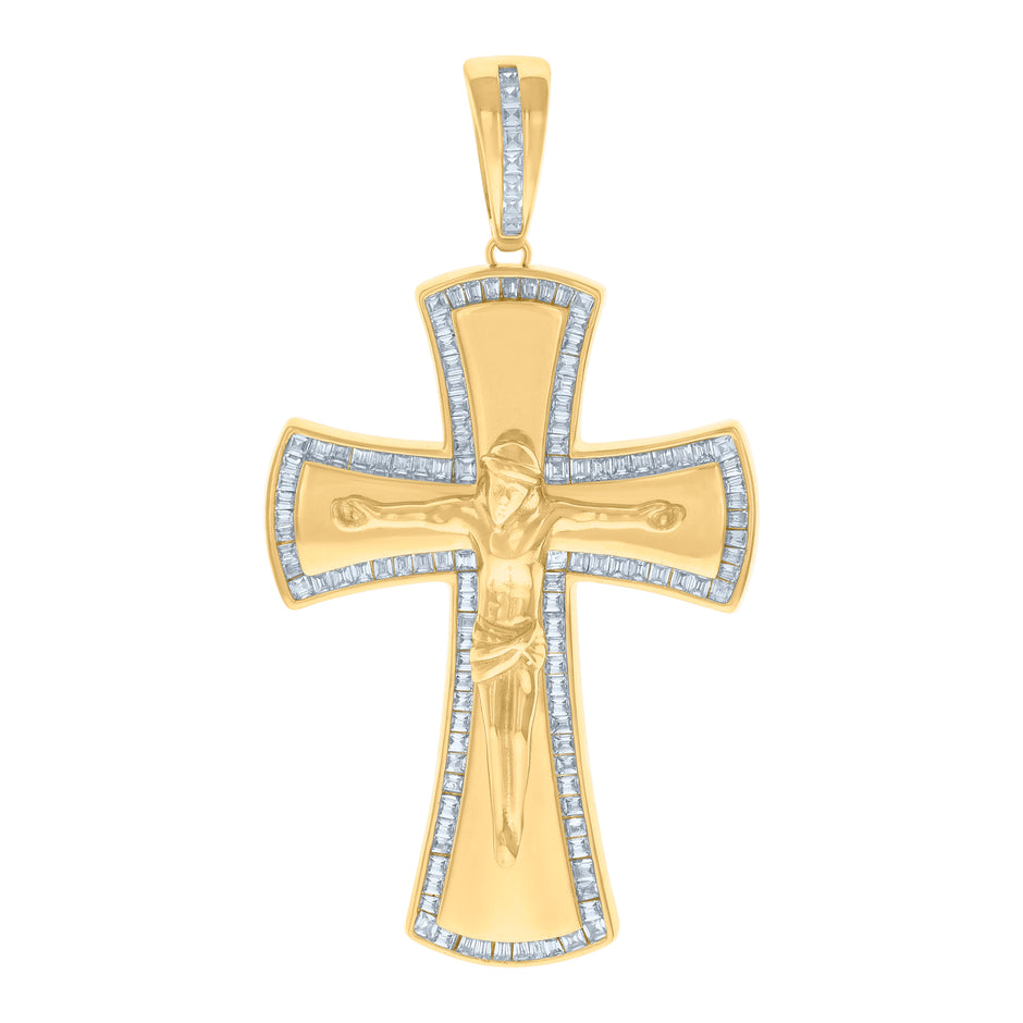 925 Sterling Silver Yellow-tone Mens Baguette Cubic-Zirconia Crucifix Cross Religious Charm Pendant