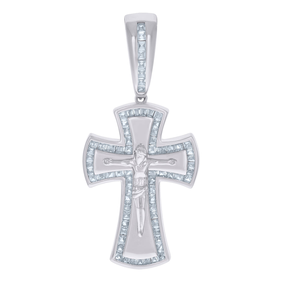 925 Sterling Silver Mens Baguette Cubic-Zirconia Crucifix Cross Religious Charm Pendant