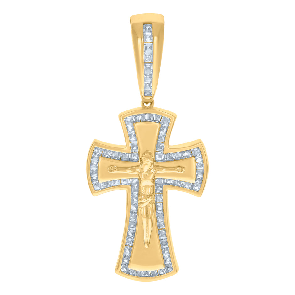 925 Sterling Silver Yellow-tone Mens Baguette Cubic-Zirconia Crucifix Cross Religious Charm Pendant