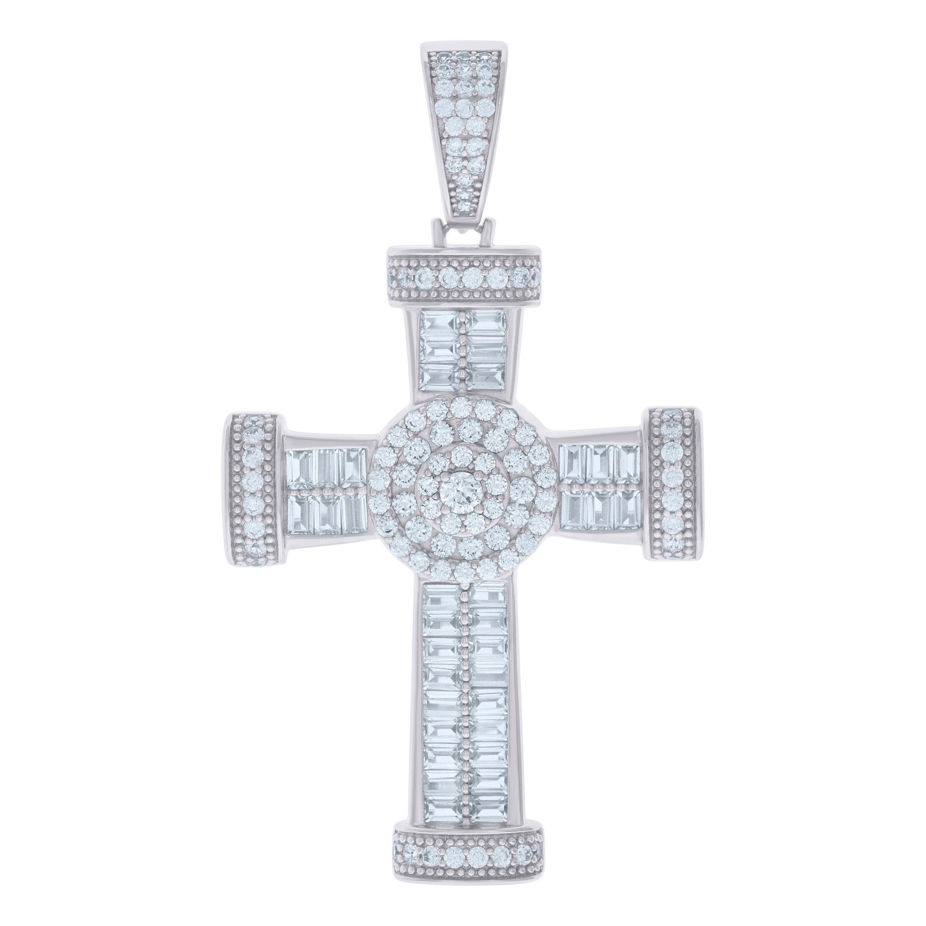 925 Sterling Silver Mens Baguette Round Cubic-Zirconia Cross Religious Charm Pendant