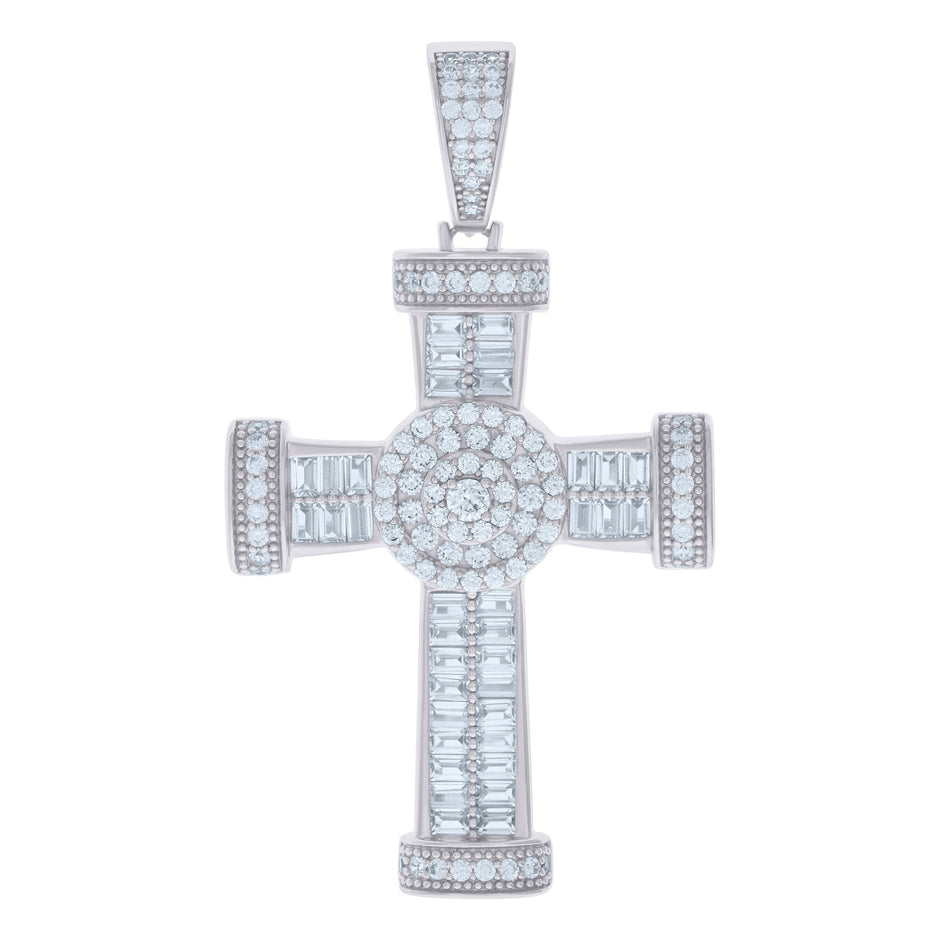 925 Sterling Silver Mens Baguette Round Cubic-Zirconia Cross Religious Charm Pendant