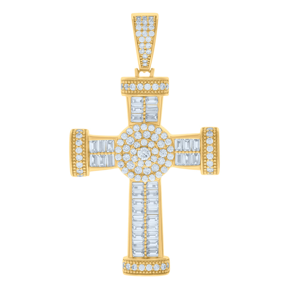 925 Sterling Silver Yellow-tone Mens Baguette Round Cubic-Zirconia Cross Religious Charm Pendant