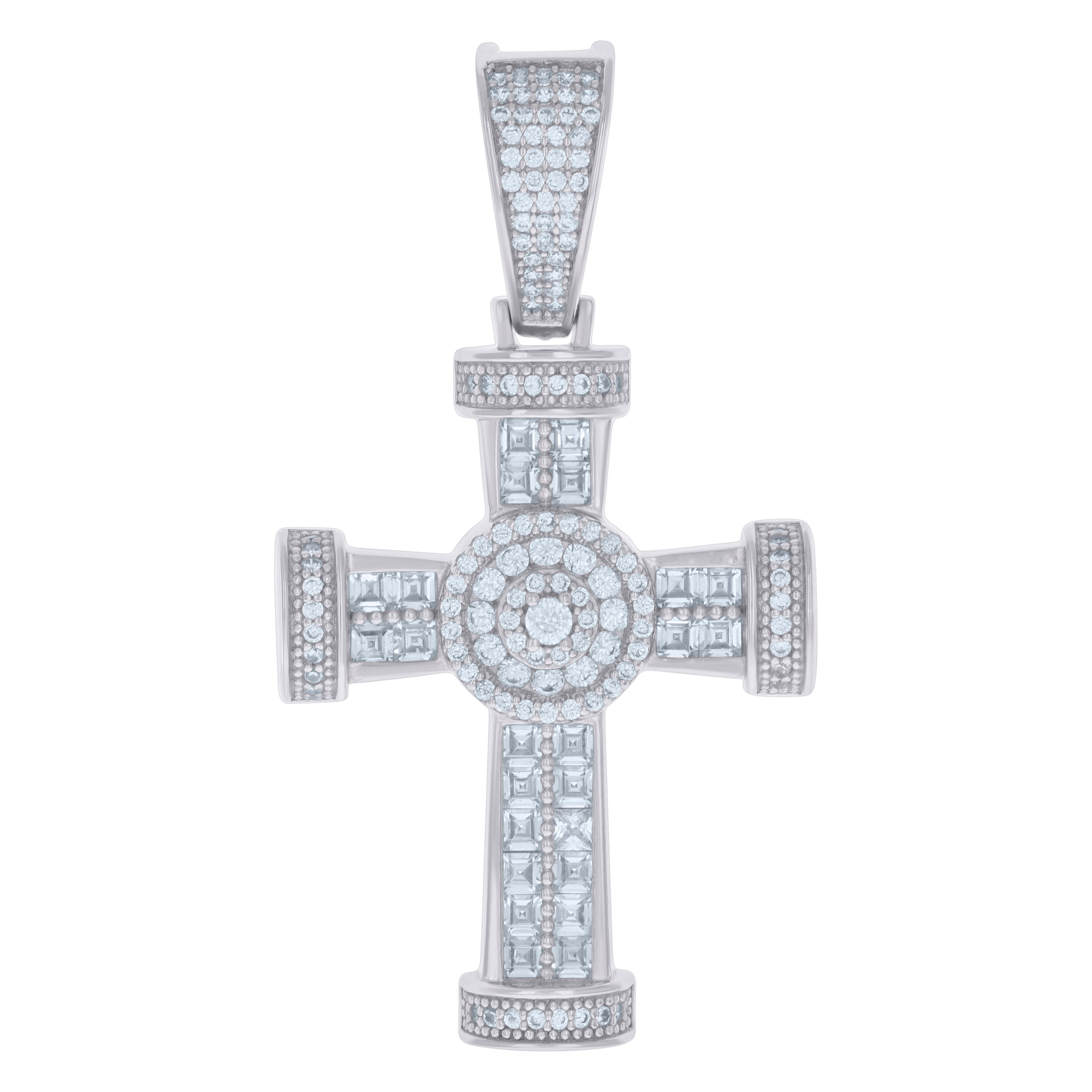 925 Sterling Silver Mens Baguette Round Cubic-Zirconia Cross Religious Charm Pendant
