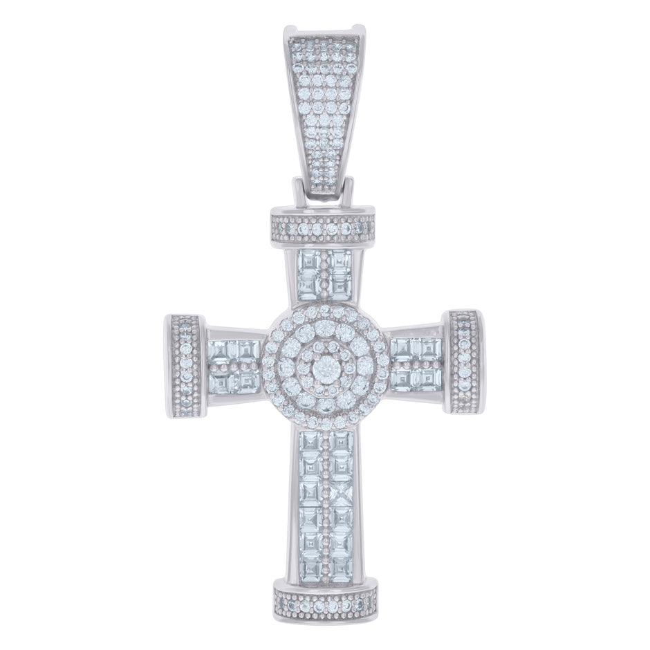 925 Sterling Silver Mens Baguette Round Cubic-Zirconia Cross Religious Charm Pendant