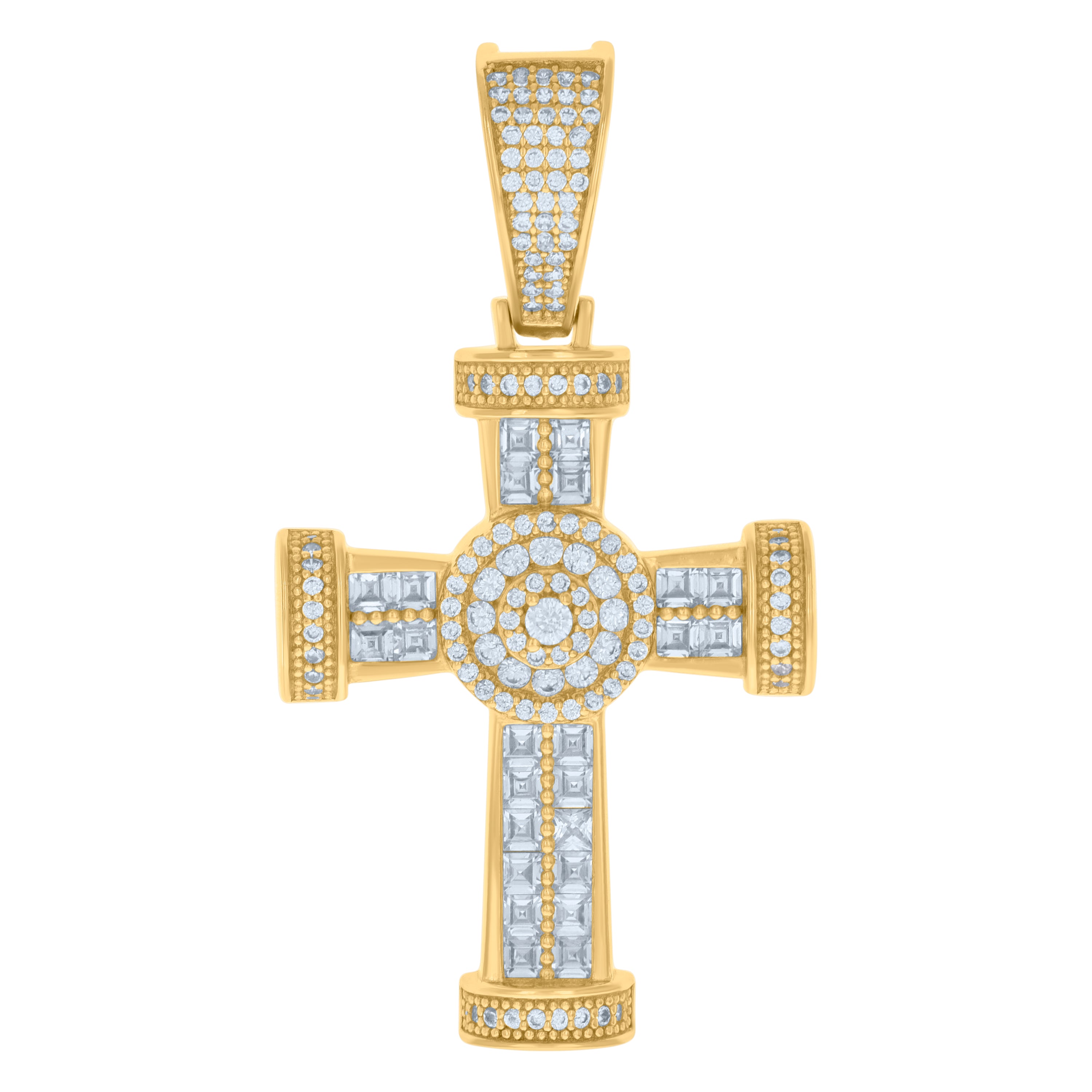 925 Sterling Silver Yellow-tone Mens Baguette Round Cubic-Zirconia Cross Religious Charm Pendant