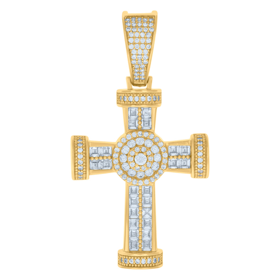 925 Sterling Silver Yellow-tone Mens Baguette Round Cubic-Zirconia Cross Religious Charm Pendant