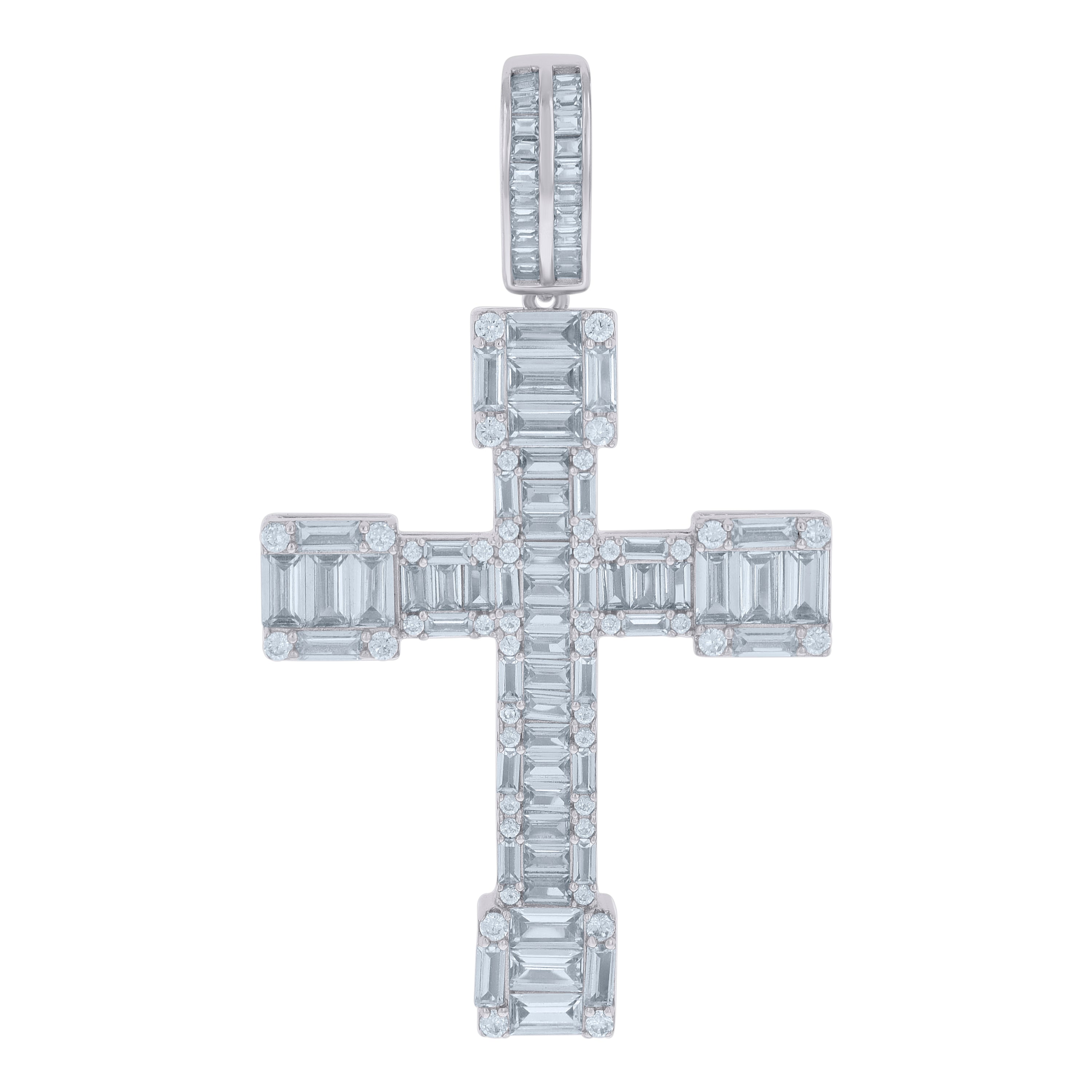 925 Sterling Silver Mens Baguette Round Cubic-Zirconia Cross Religious Charm Pendant