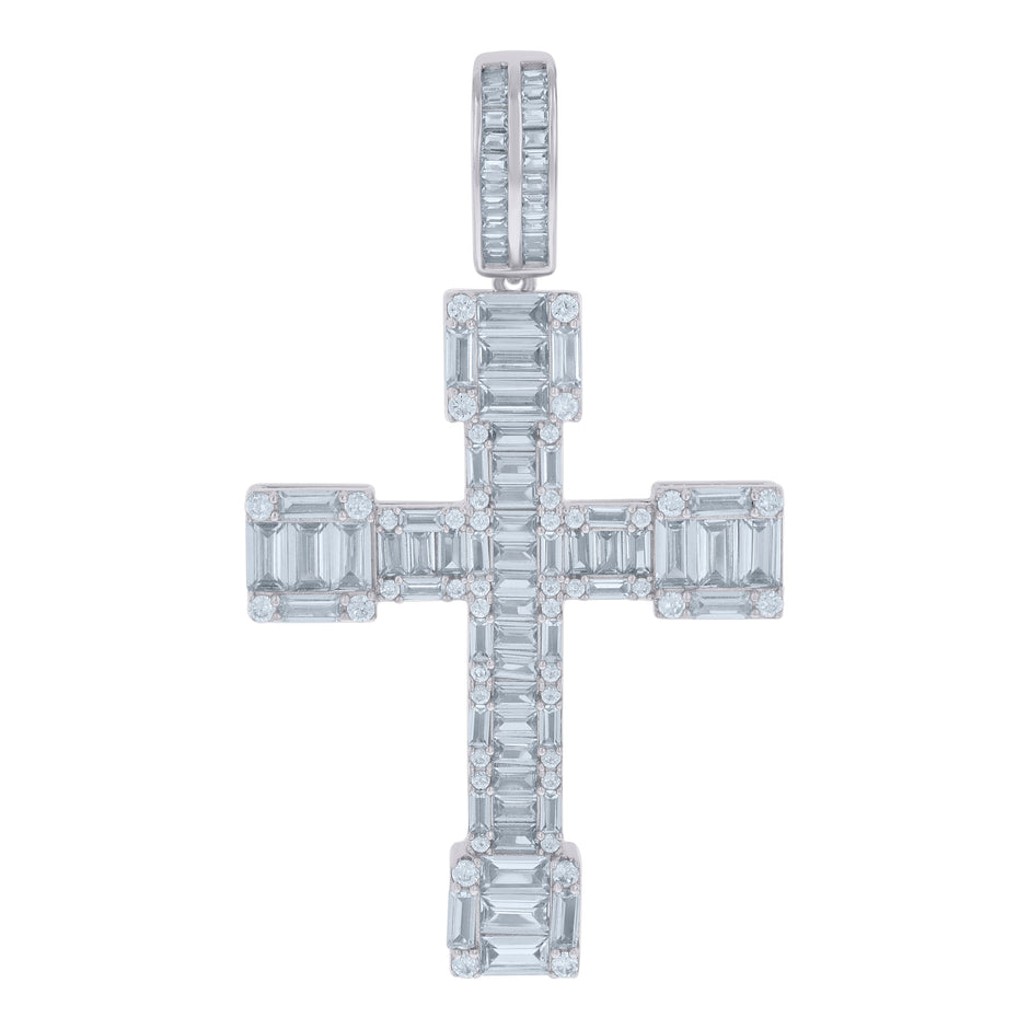 925 Sterling Silver Mens Baguette Round Cubic-Zirconia Cross Religious Charm Pendant