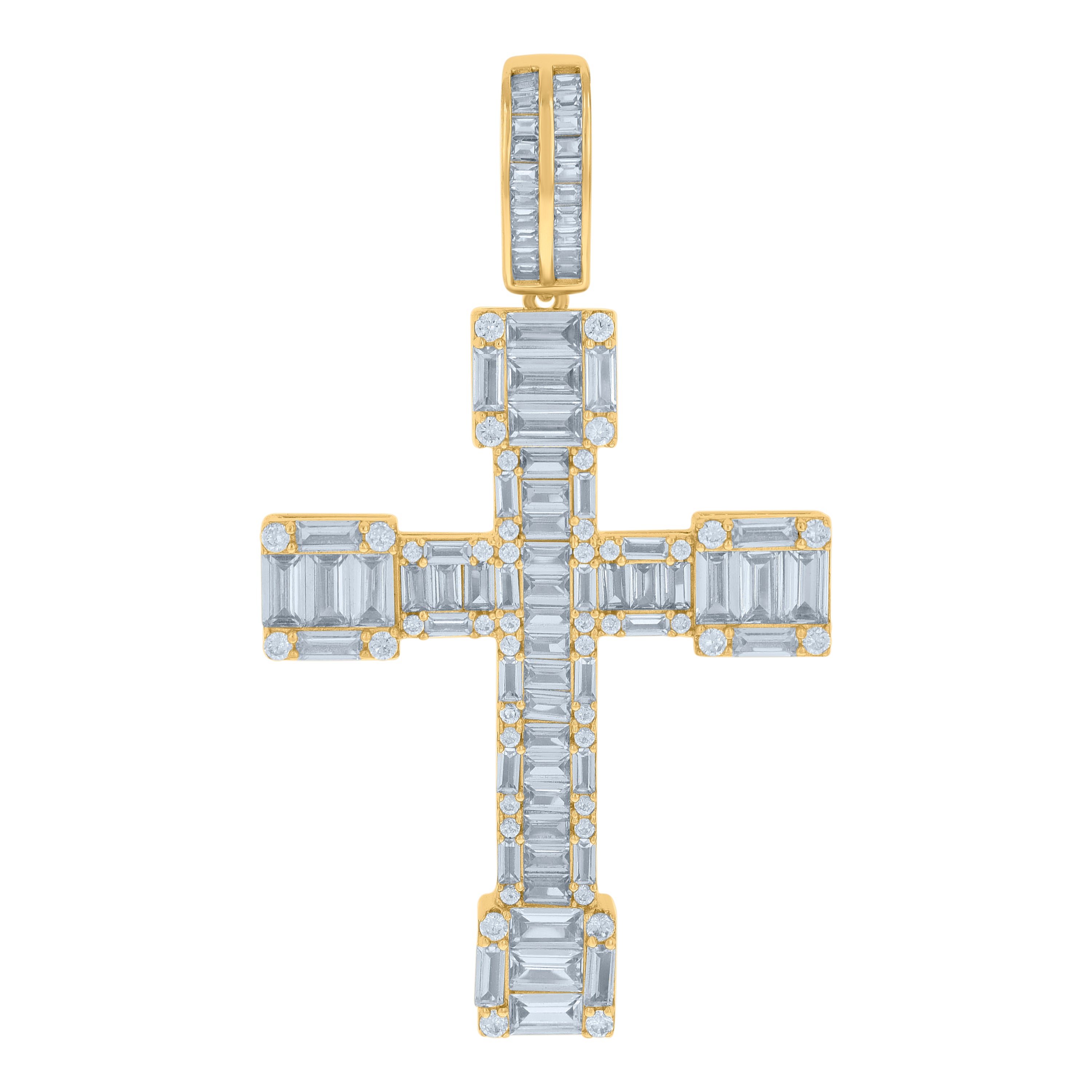 925 Sterling Silver Yellow-tone Mens Baguette Round Cubic-Zirconia Cross Religious Charm Pendant