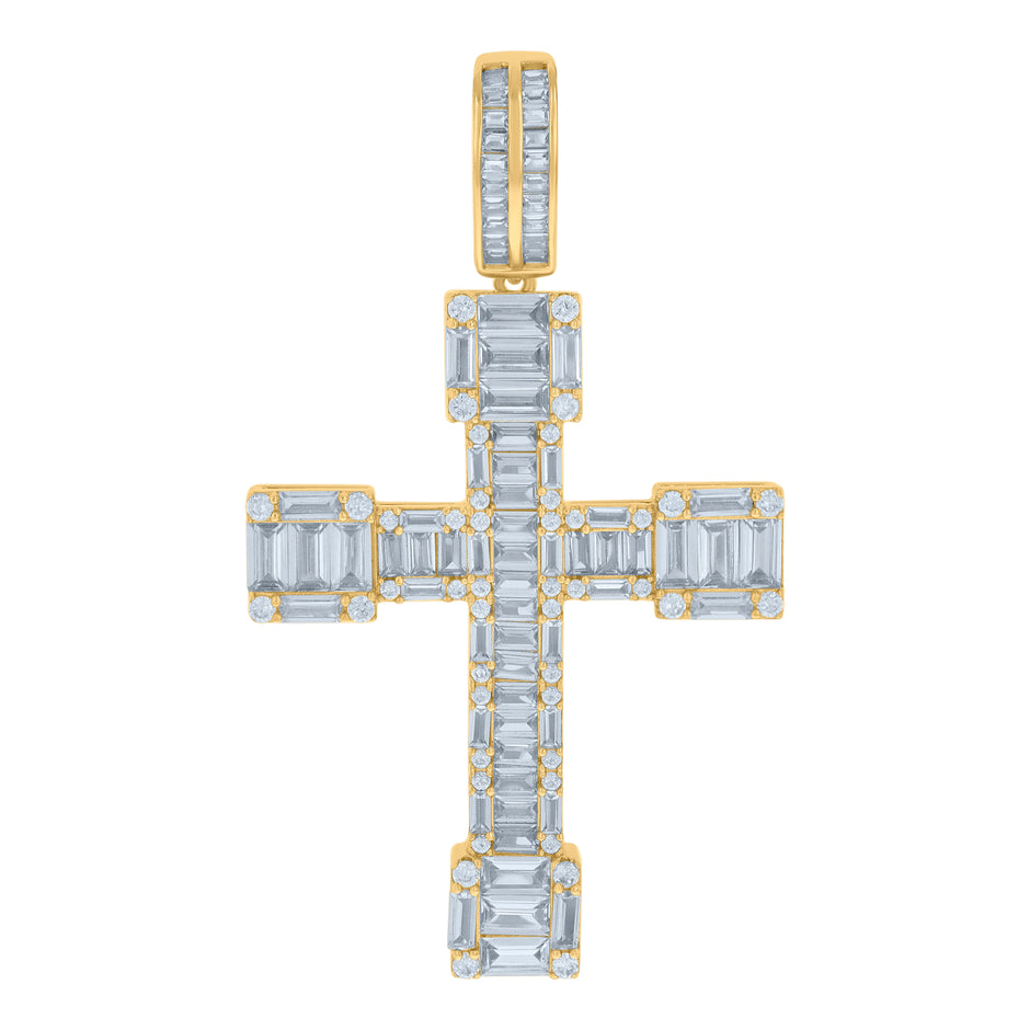 925 Sterling Silver Yellow-tone Mens Baguette Round Cubic-Zirconia Cross Religious Charm Pendant
