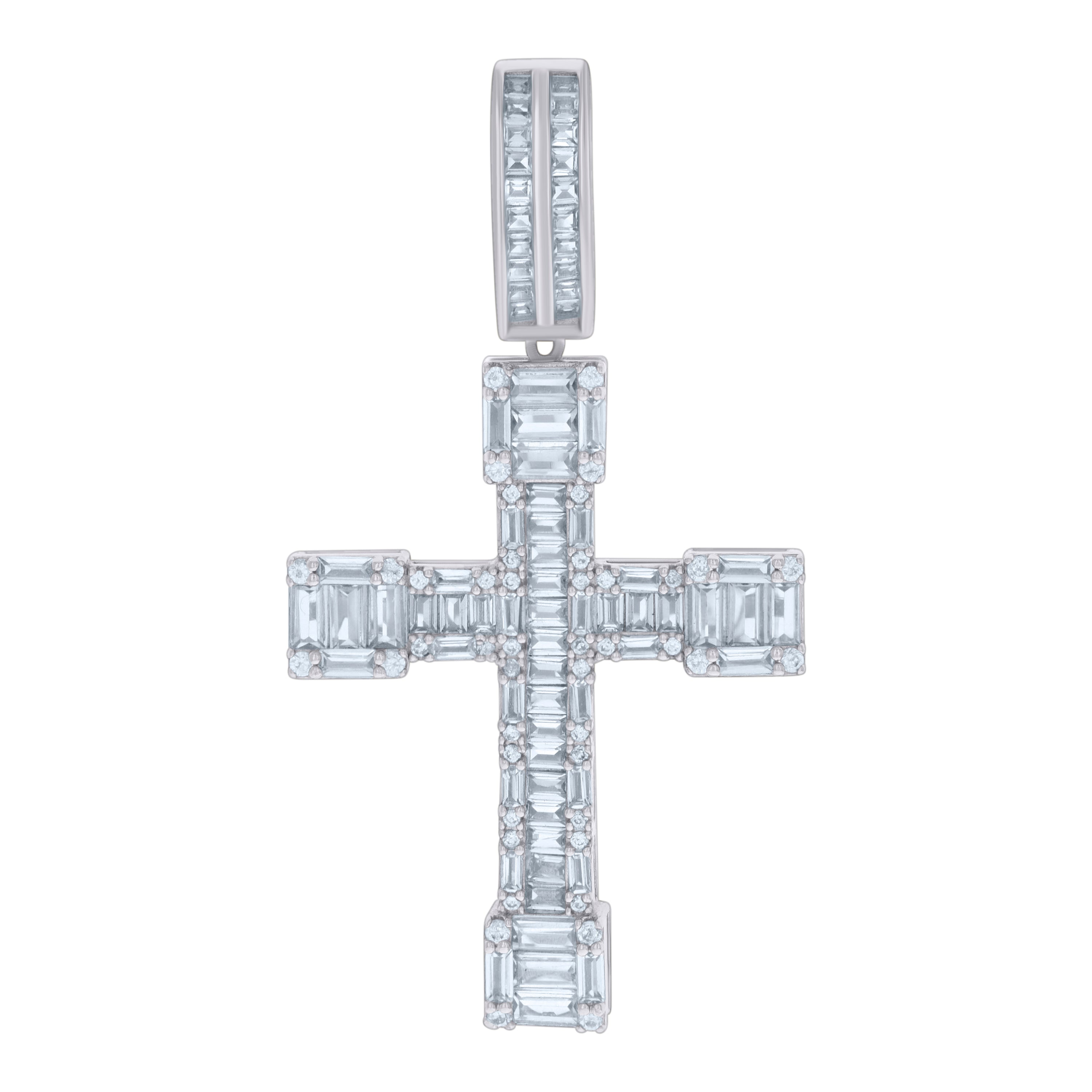 925 Sterling Silver Mens Baguette Round Cubic-Zirconia Cross Religious Charm Pendant