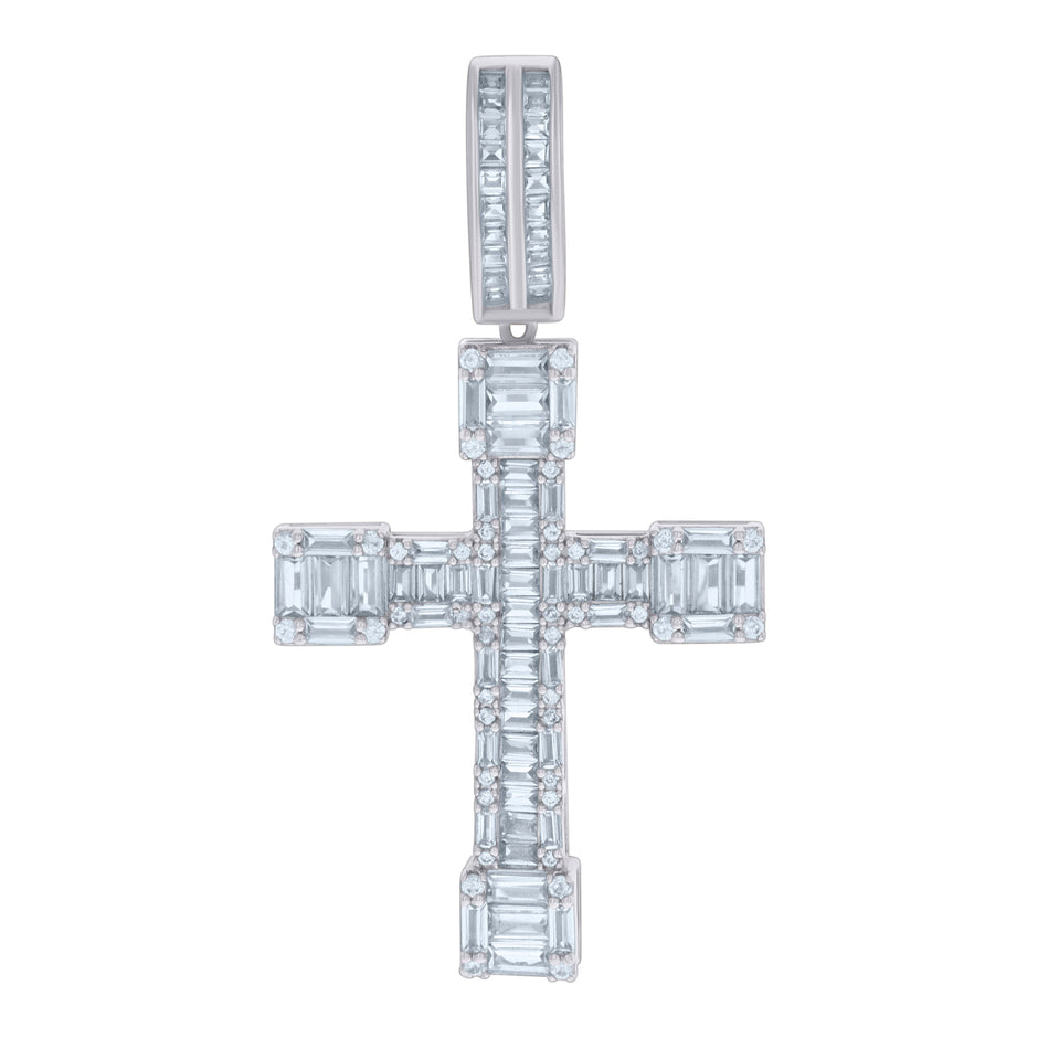 925 Sterling Silver Mens Baguette Round Cubic-Zirconia Cross Religious Charm Pendant