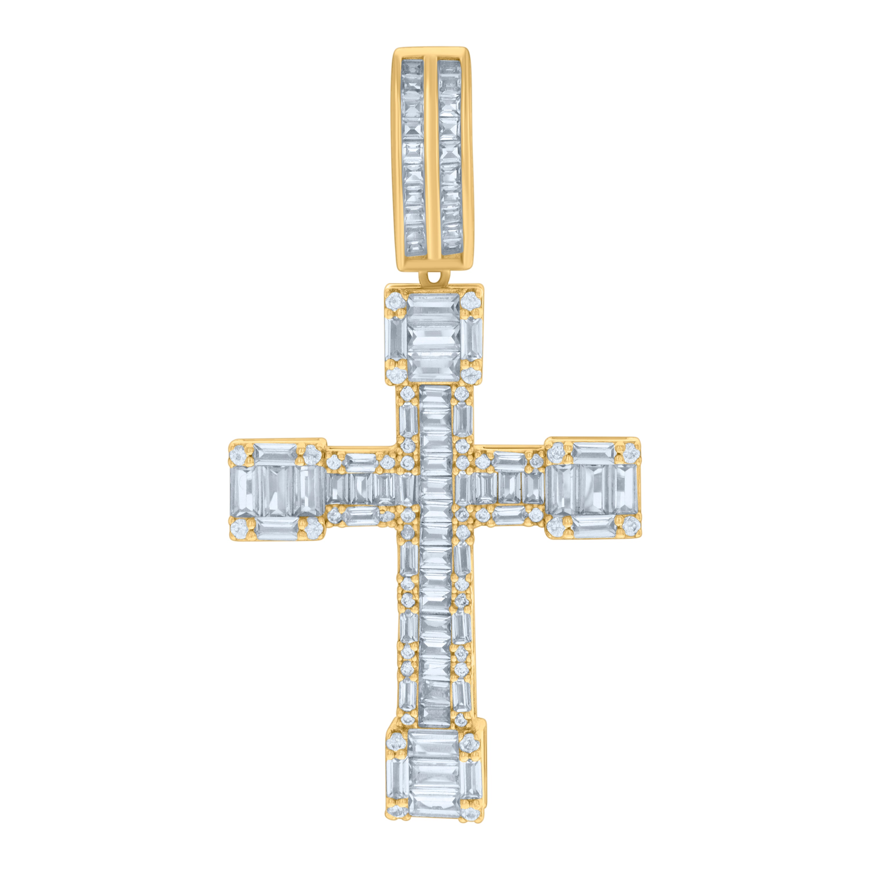 925 Sterling Silver Yellow-tone Mens Baguette Round Cubic-Zirconia Cross Religious Charm Pendant