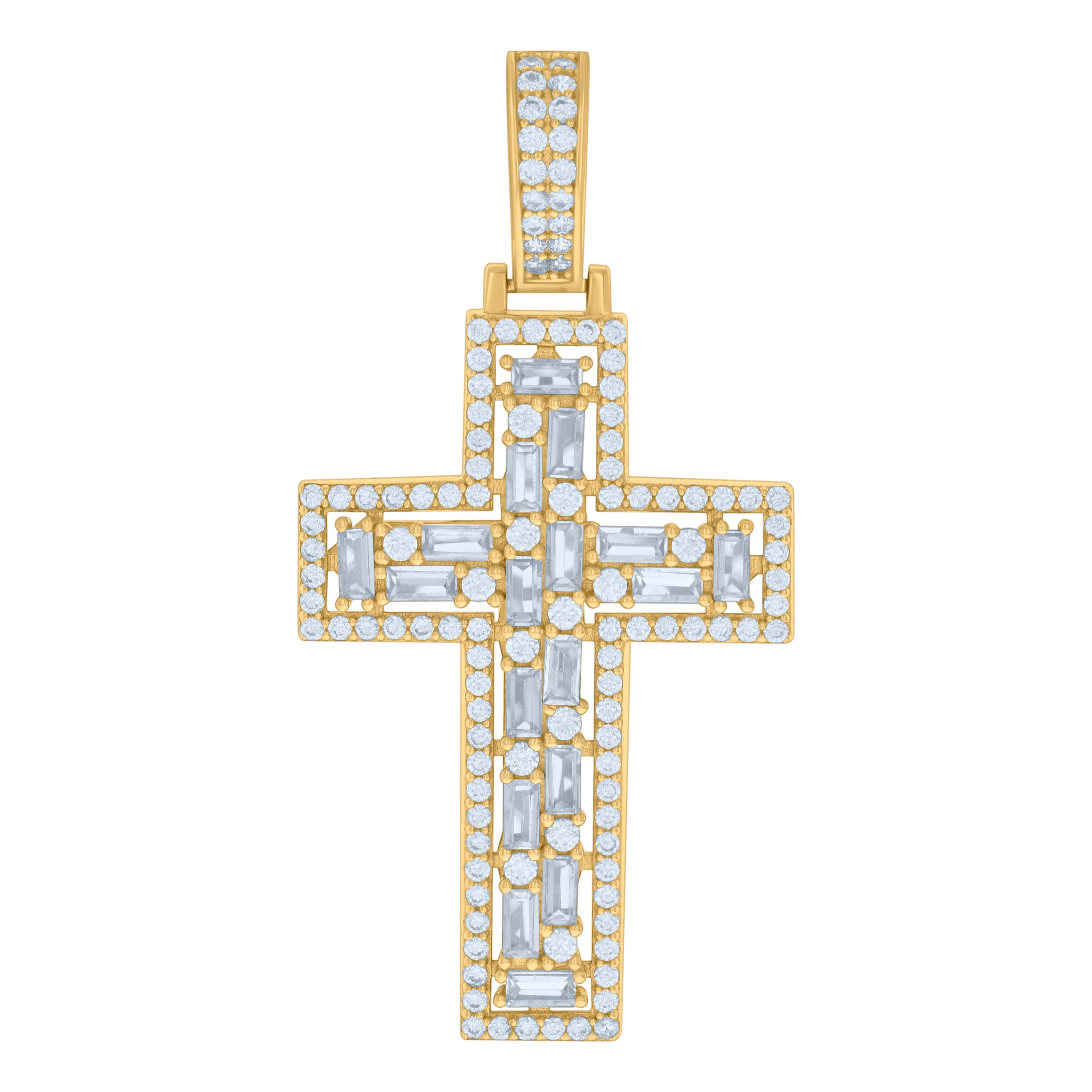 925 Sterling Silver Yellow-tone Mens Baguette Round Cubic-Zirconia Cross Religious Charm Pendant