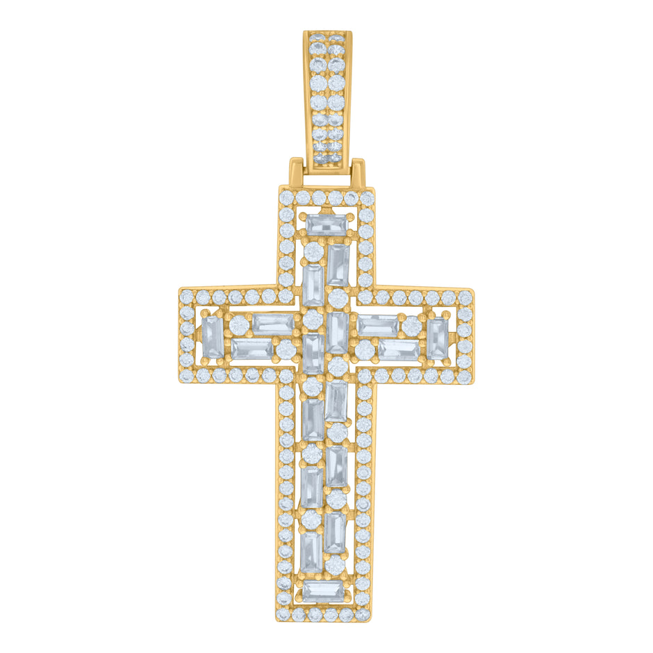 925 Sterling Silver Yellow-tone Mens Baguette Round Cubic-Zirconia Cross Religious Charm Pendant