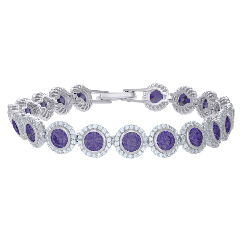 925 Sterling Silver Womens Purple White Cubic-Zirconia Link Fashion Bracelet Size 7 Inches