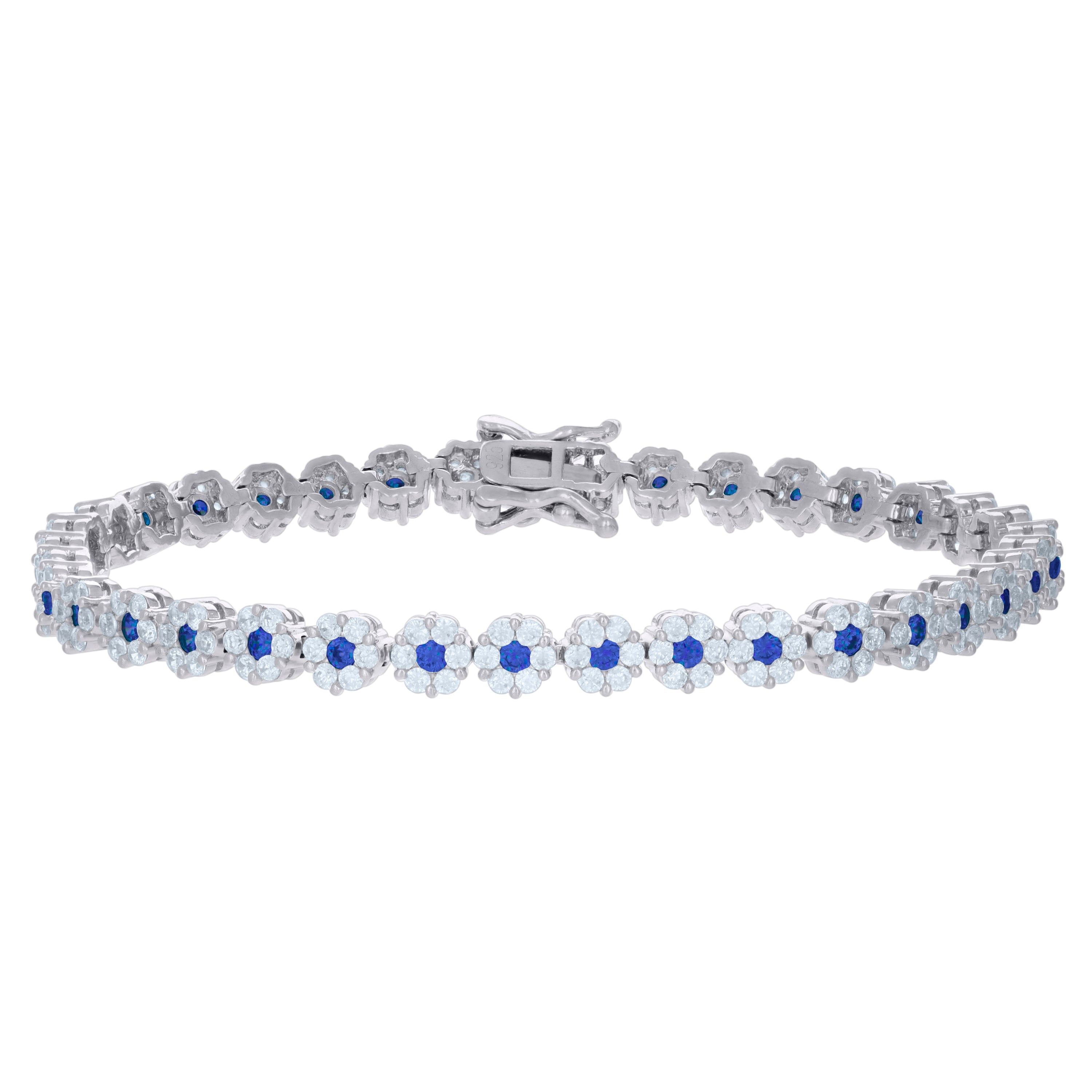 925 Sterling Silver Womens Blue White Cubic-Zirconia Flower Link Fashion Bracelet Size 7 Inches