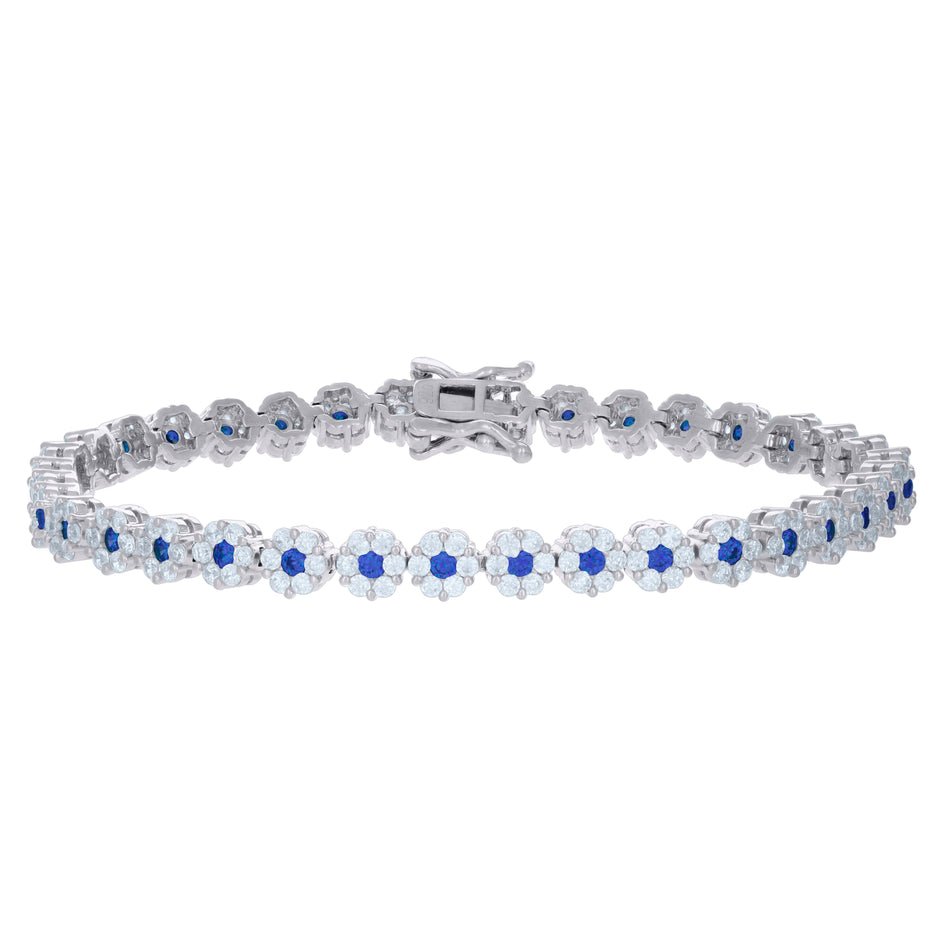 925 Sterling Silver Womens Blue White Cubic-Zirconia Flower Link Fashion Bracelet Size 7 Inches