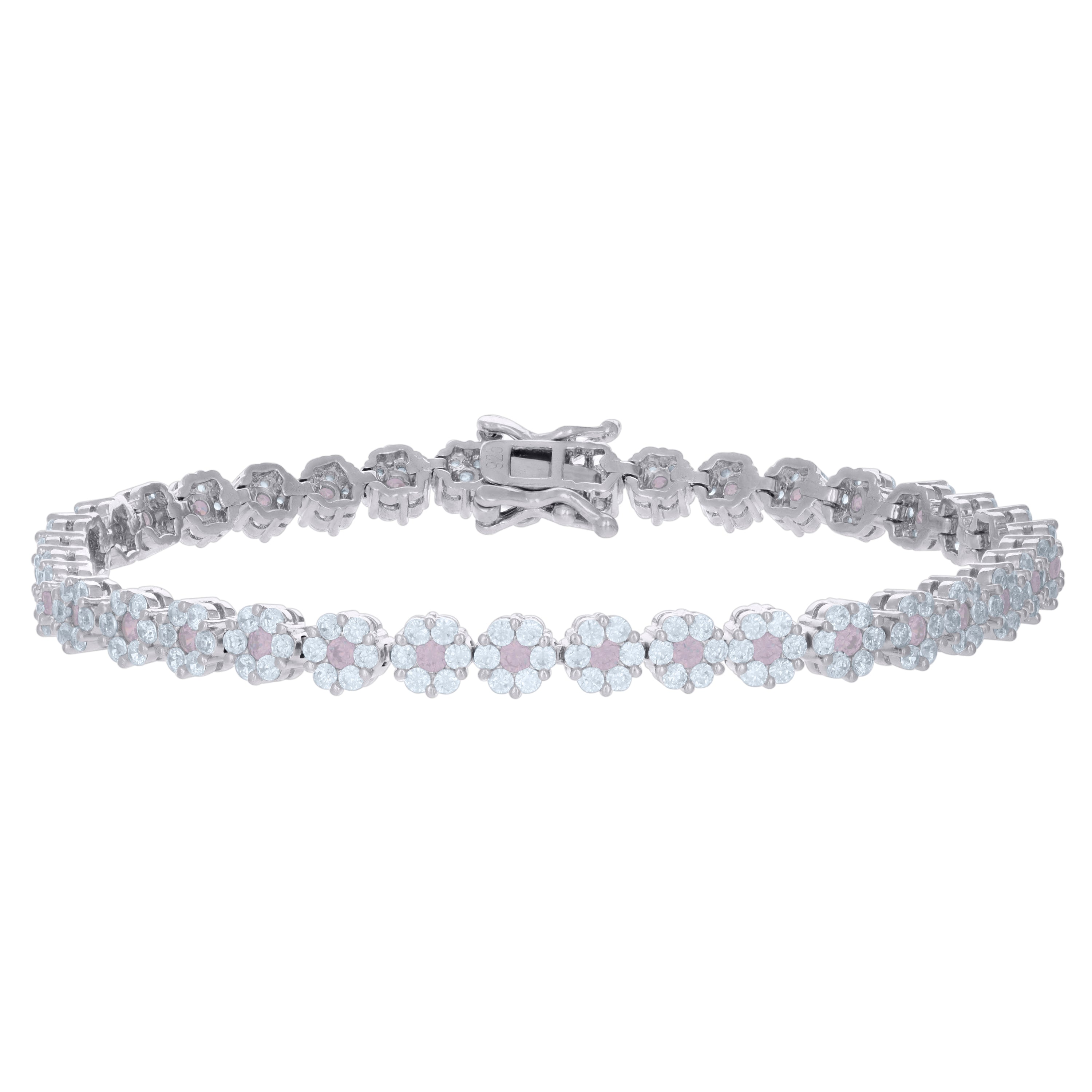 925 Sterling Silver Womens Pink White Cubic-Zirconia Flower Link Fashion Bracelet Size 7 Inches