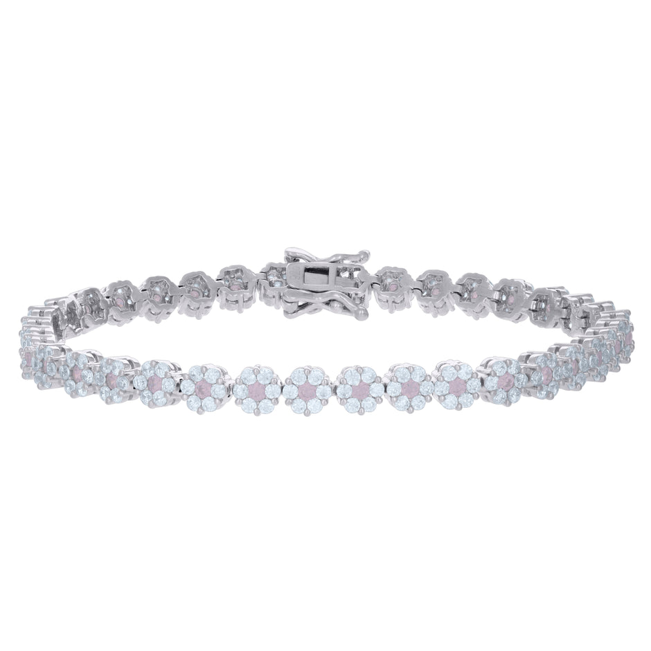 925 Sterling Silver Womens Pink White Cubic-Zirconia Flower Link Fashion Bracelet Size 7 Inches